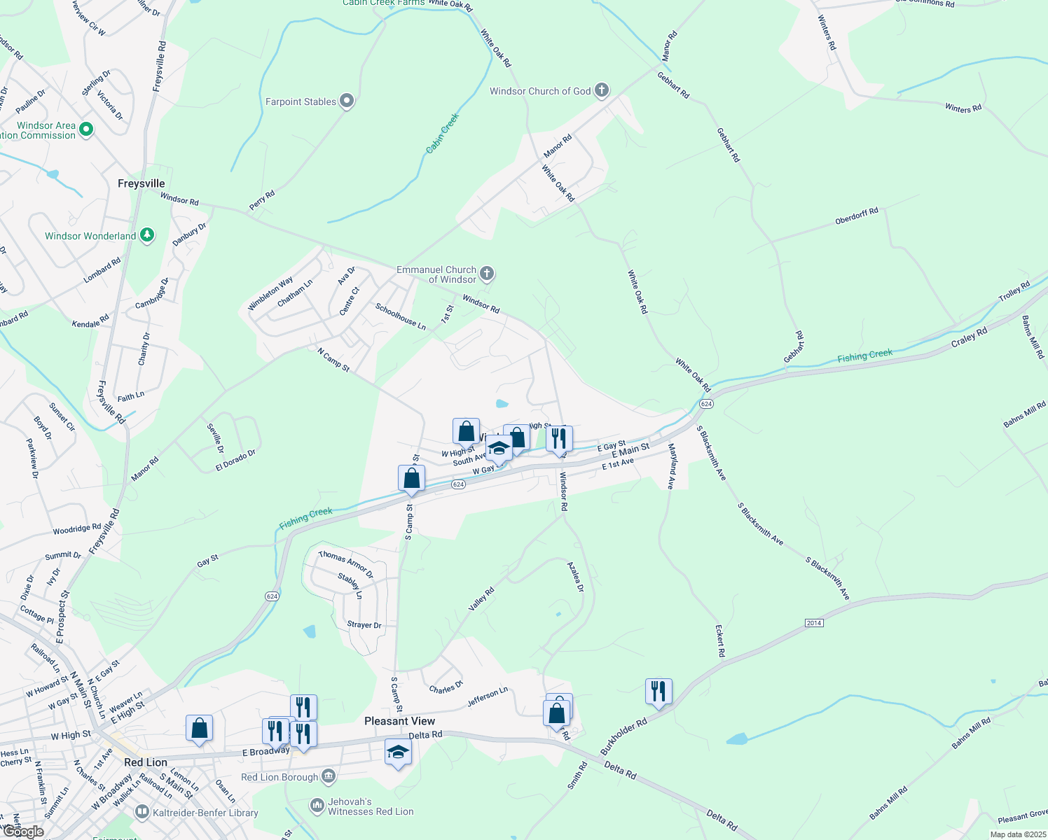 map of restaurants, bars, coffee shops, grocery stores, and more near 22 East High Street in Windsor