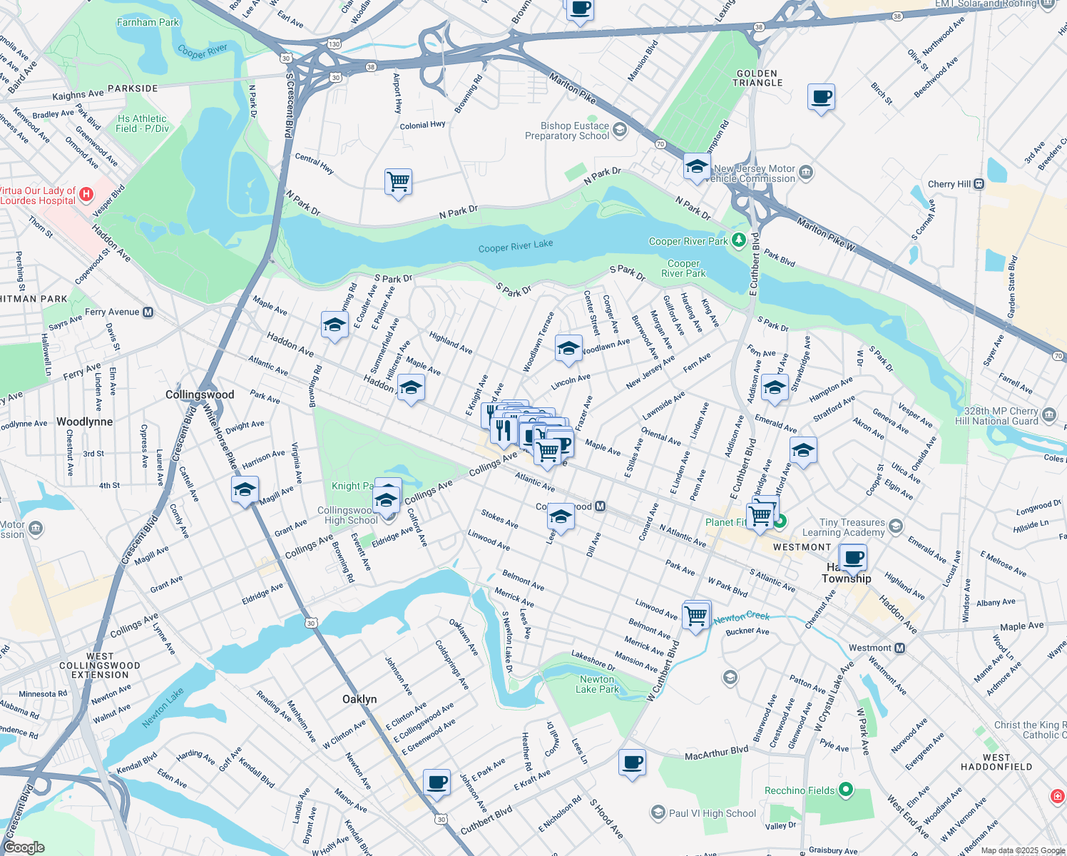 map of restaurants, bars, coffee shops, grocery stores, and more near 31 East Collings Avenue in Collingswood