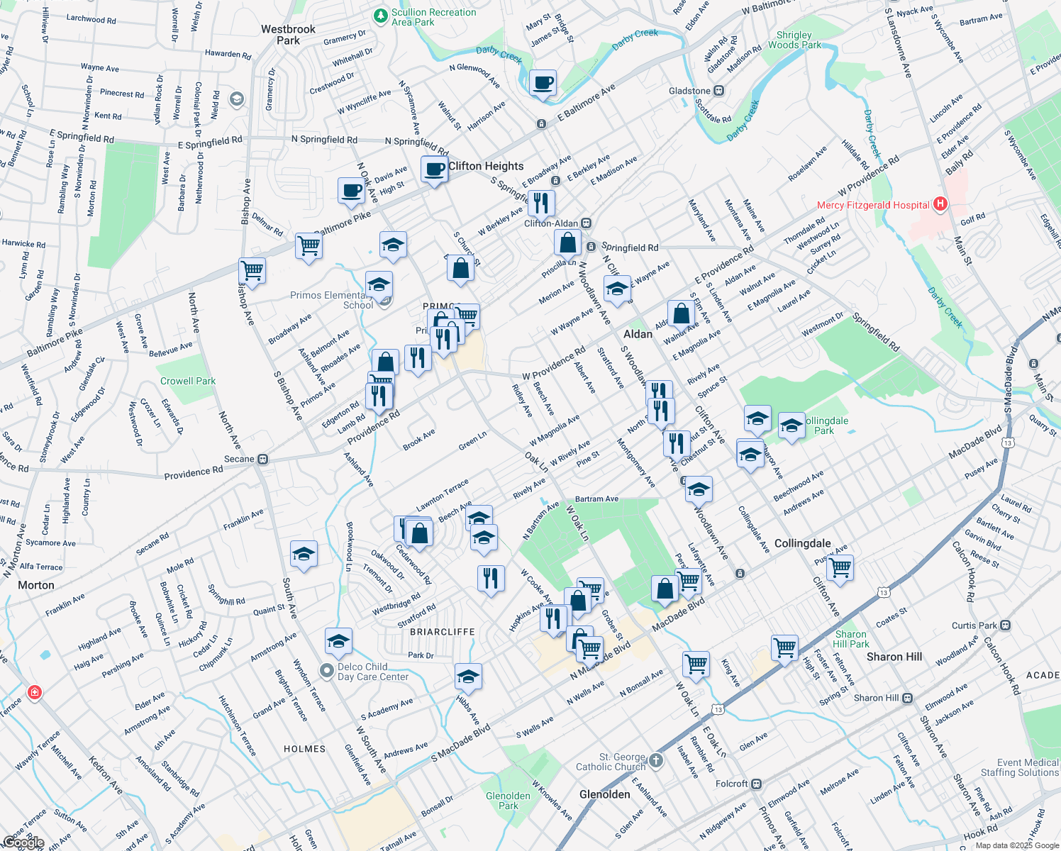 map of restaurants, bars, coffee shops, grocery stores, and more near 32 Ridley Avenue in Aldan