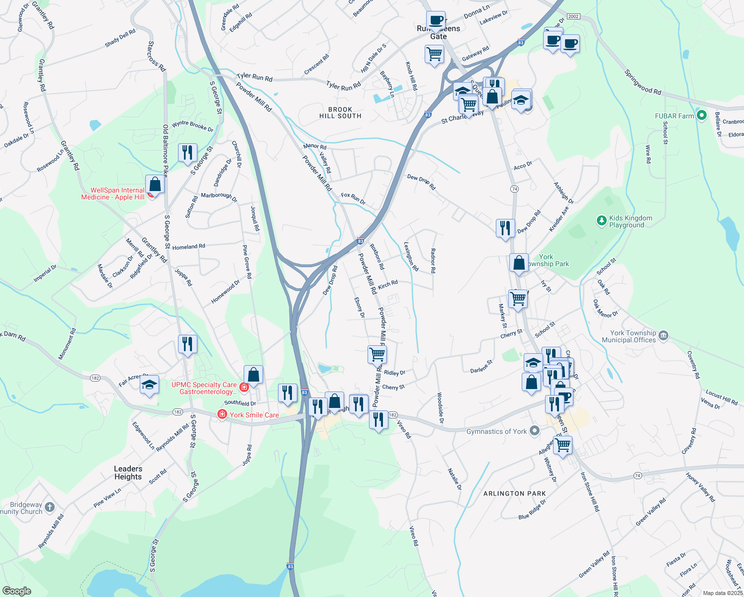 map of restaurants, bars, coffee shops, grocery stores, and more near 1854 Powder Mill Road in York