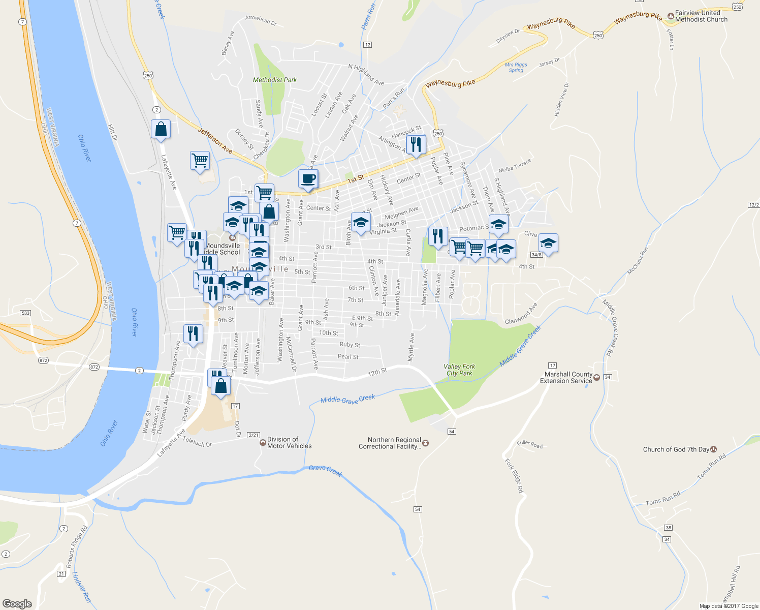 map of restaurants, bars, coffee shops, grocery stores, and more near 1709 7th St in Moundsville