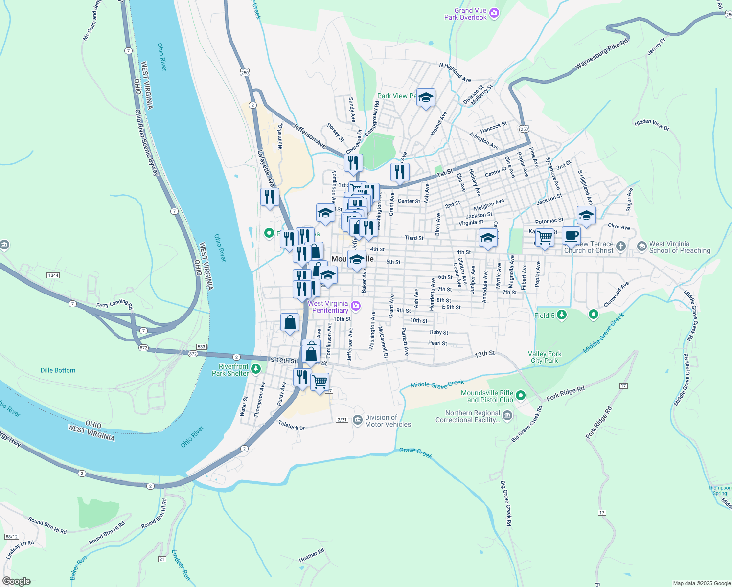 map of restaurants, bars, coffee shops, grocery stores, and more near 700 Baker Ave in Moundsville