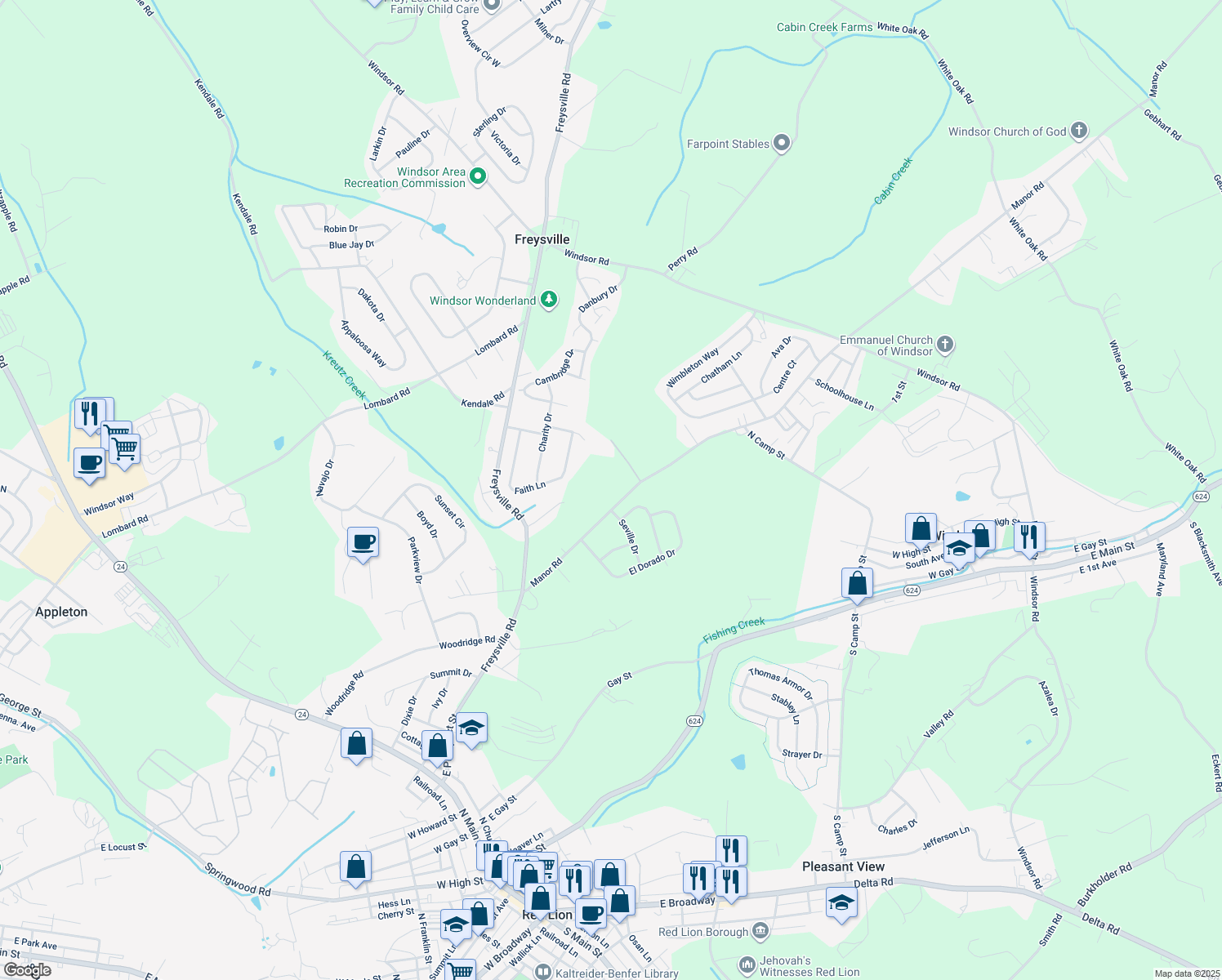 map of restaurants, bars, coffee shops, grocery stores, and more near 195 Manor Road in Red Lion