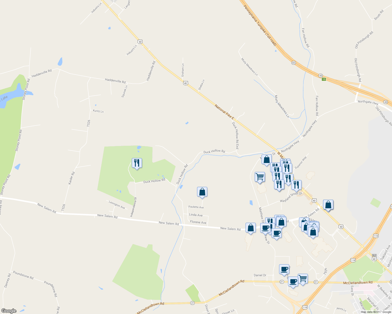 map of restaurants, bars, coffee shops, grocery stores, and more near 284 Duck Hollow Road in Uniontown