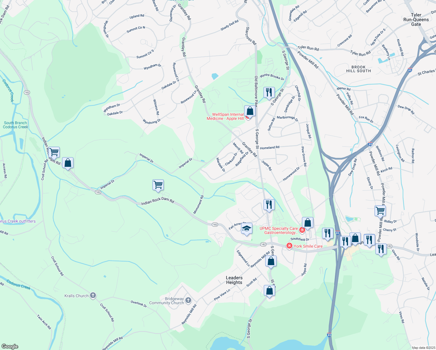 map of restaurants, bars, coffee shops, grocery stores, and more near 185 Ridgefield Drive in York