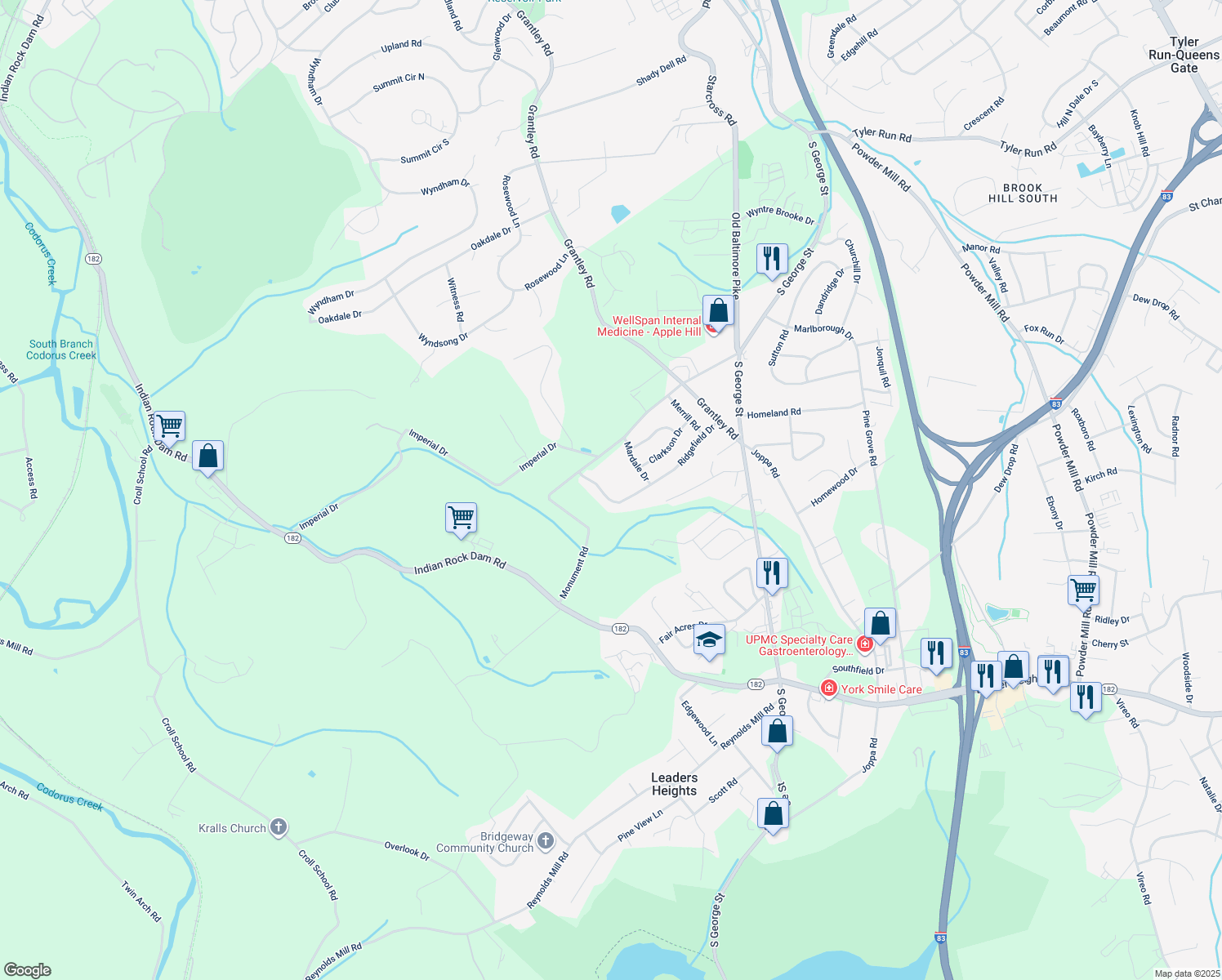 map of restaurants, bars, coffee shops, grocery stores, and more near 197 Ridgefield Drive in York