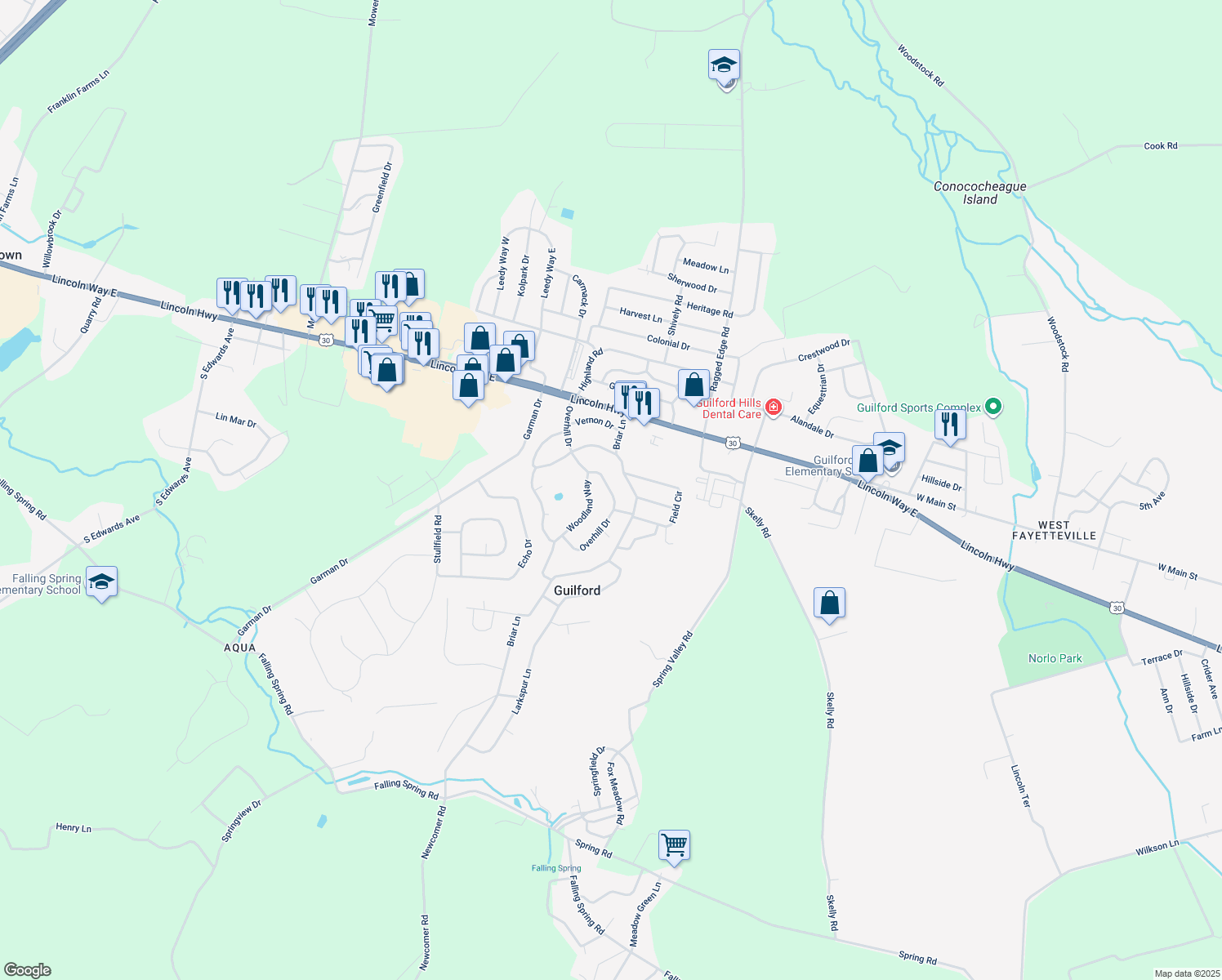 map of restaurants, bars, coffee shops, grocery stores, and more near 270 Overhill Drive in Chambersburg