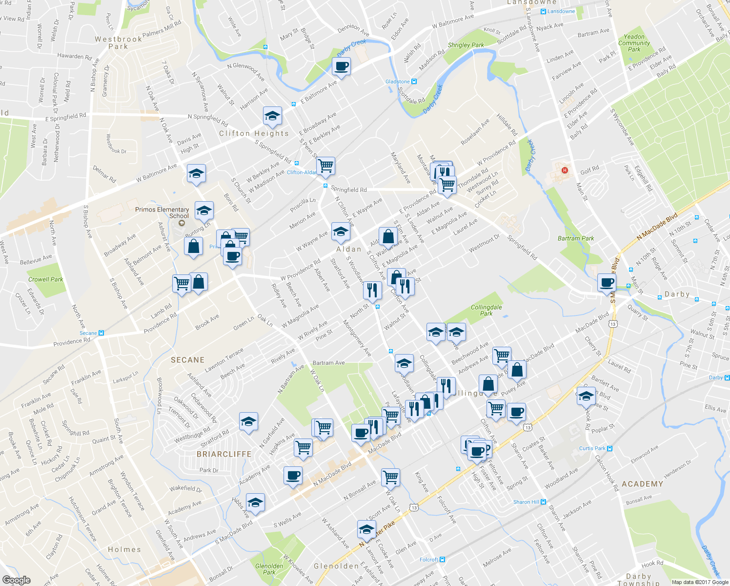 map of restaurants, bars, coffee shops, grocery stores, and more near 126 South Woodlawn Avenue in Aldan