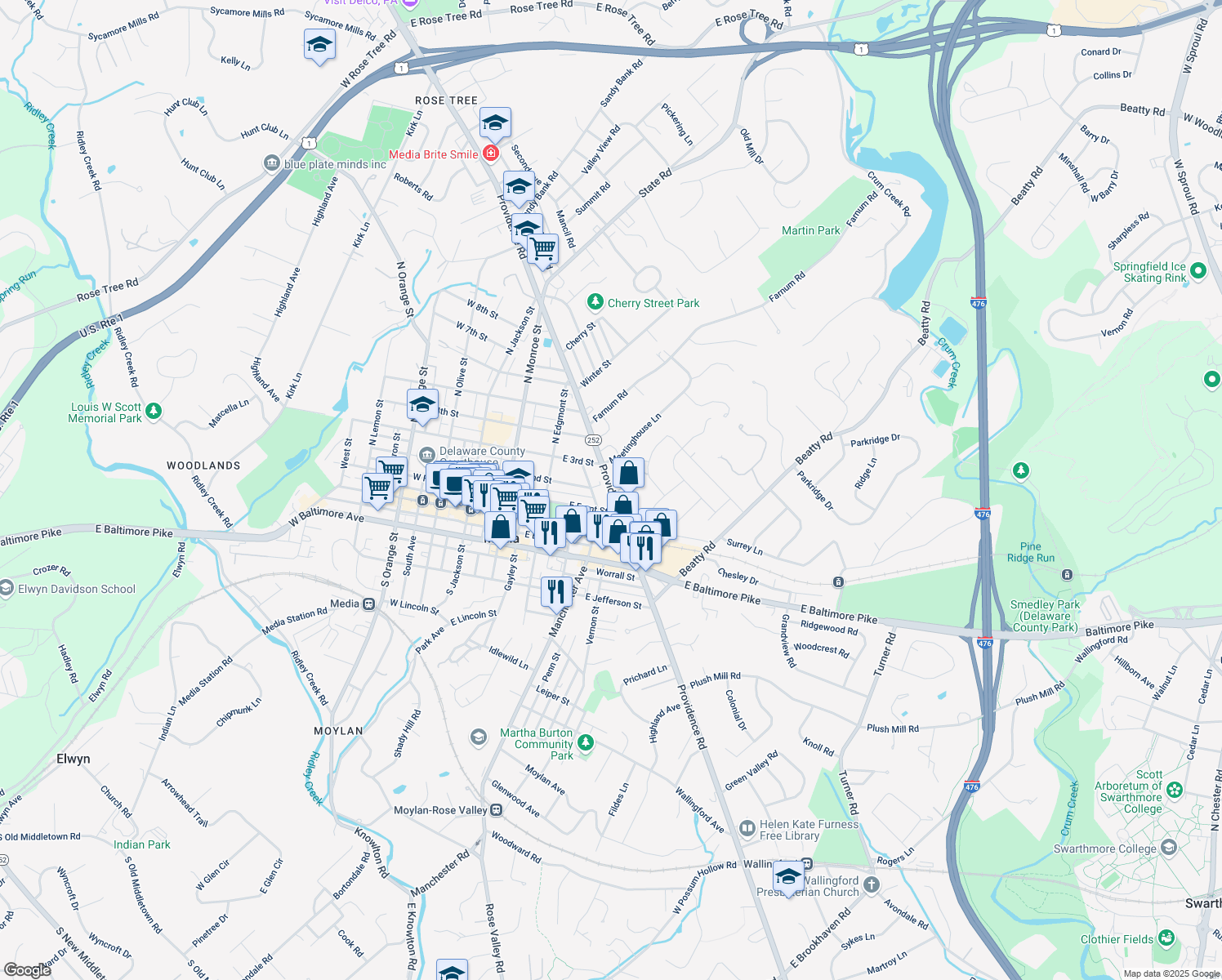 map of restaurants, bars, coffee shops, grocery stores, and more near 100 Providence Road in Media