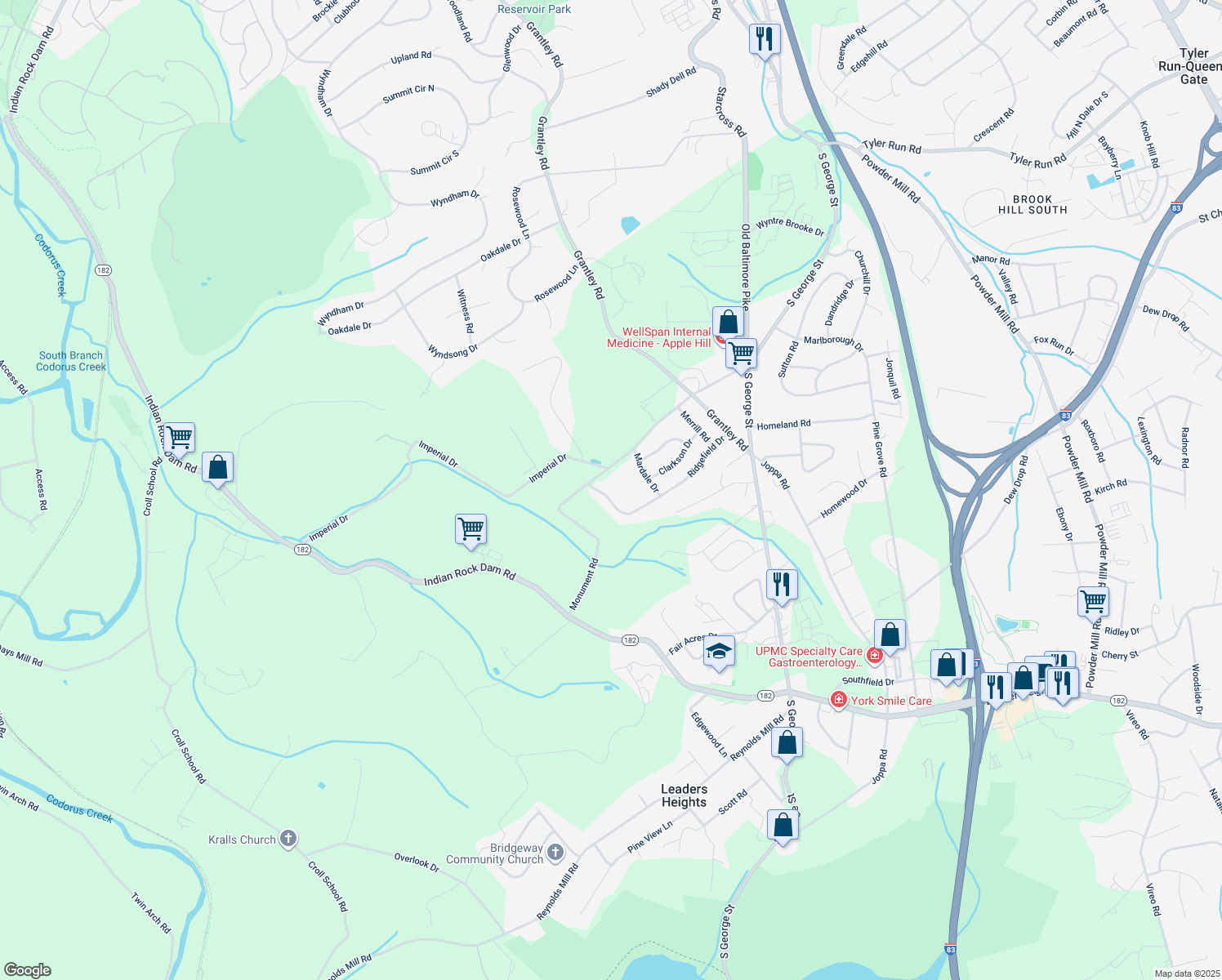 map of restaurants, bars, coffee shops, grocery stores, and more near 205 Ridgefield Drive in York