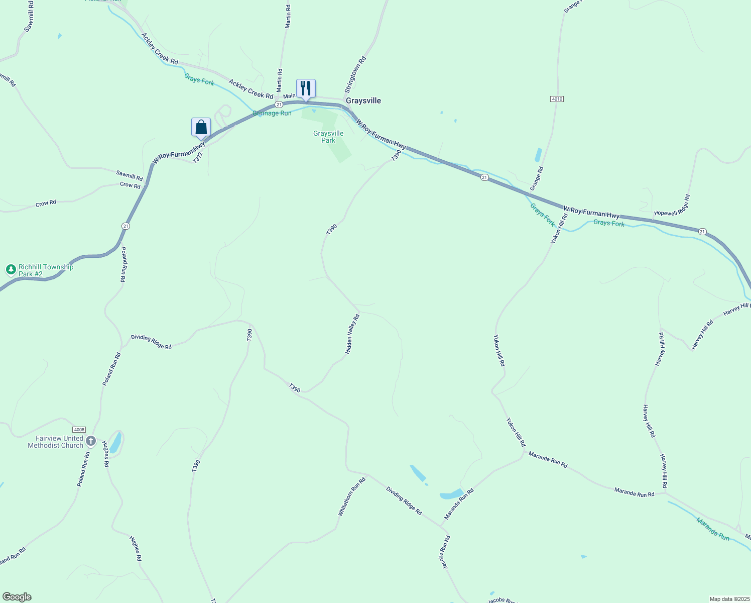 map of restaurants, bars, coffee shops, grocery stores, and more near 191 Hidden Valley Road in Graysville