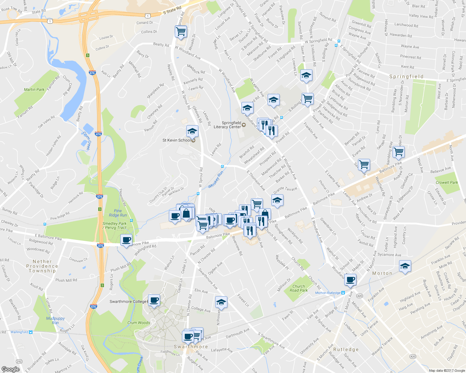 map of restaurants, bars, coffee shops, grocery stores, and more near 610 Prospect Road in Springfield