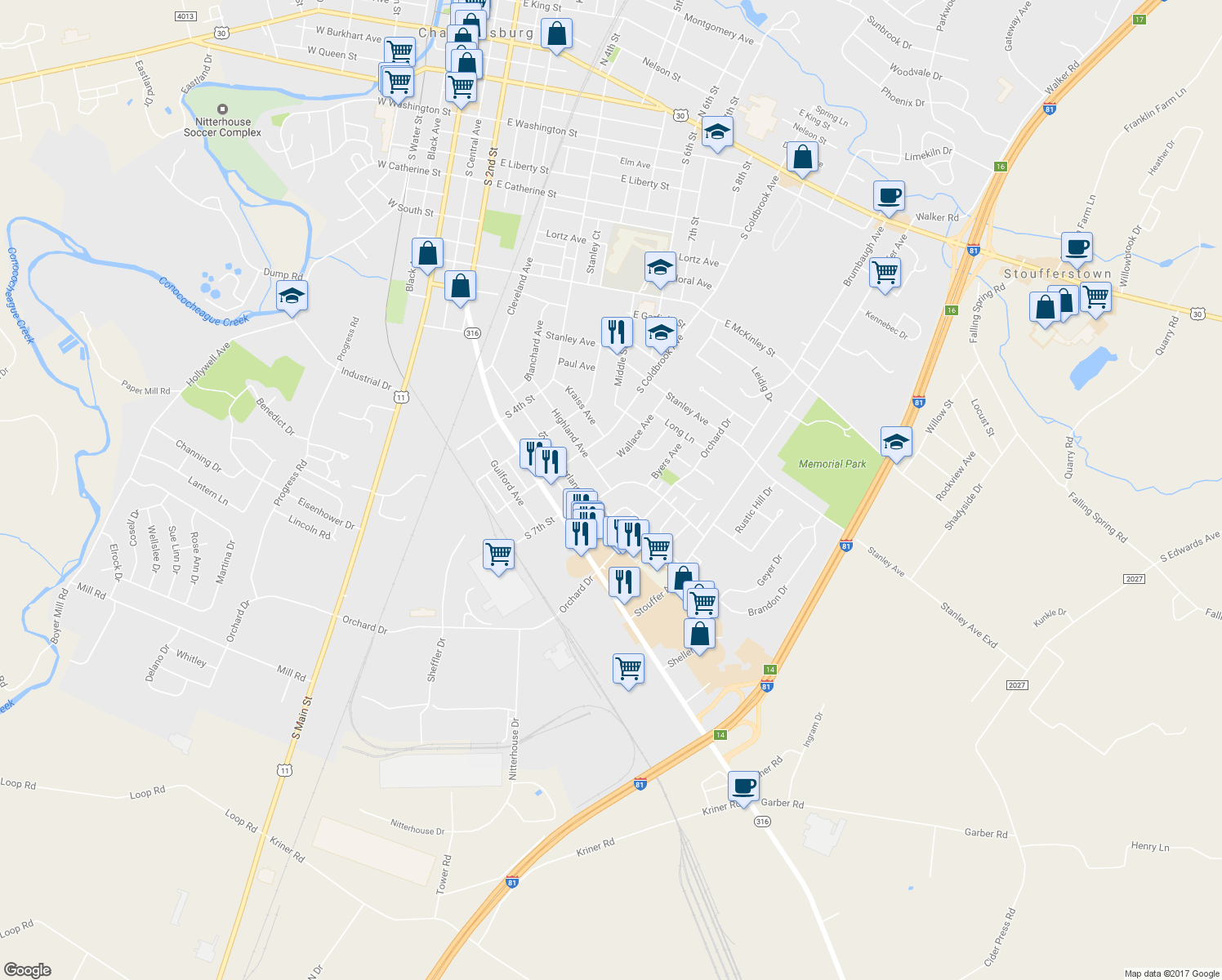 map of restaurants, bars, coffee shops, grocery stores, and more near 699 Cumberland Avenue in Chambersburg
