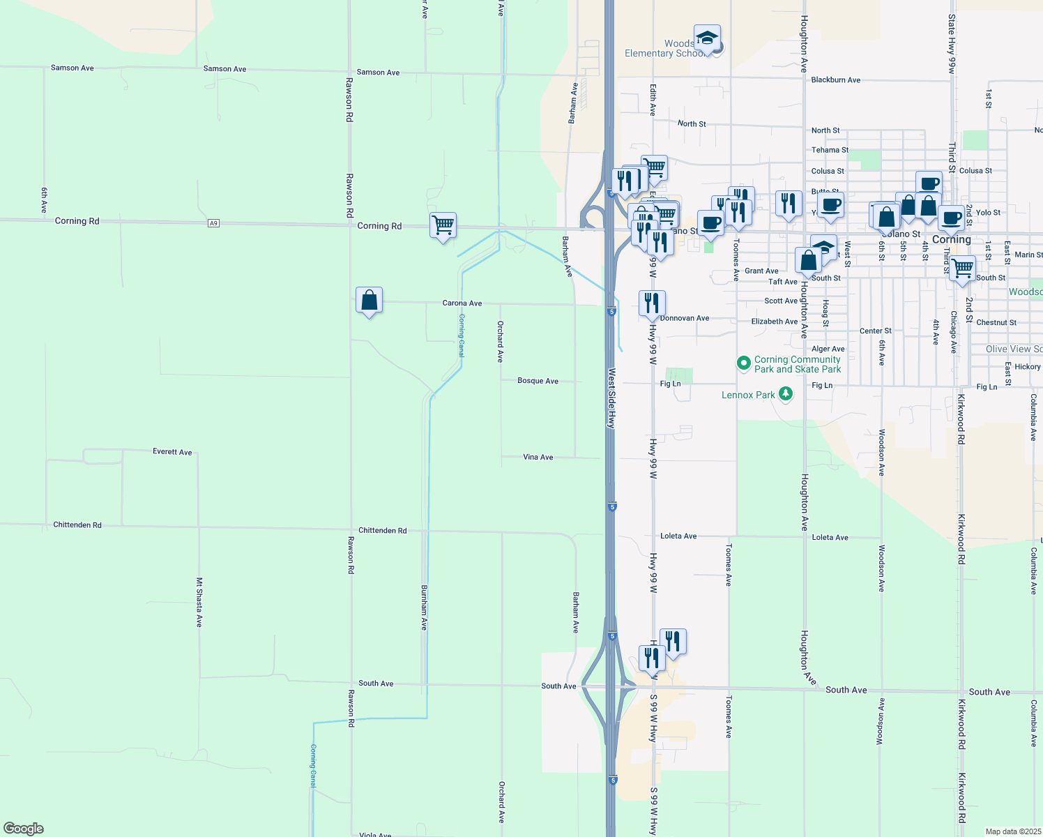 map of restaurants, bars, coffee shops, grocery stores, and more near 22293 Bosque Avenue in Corning