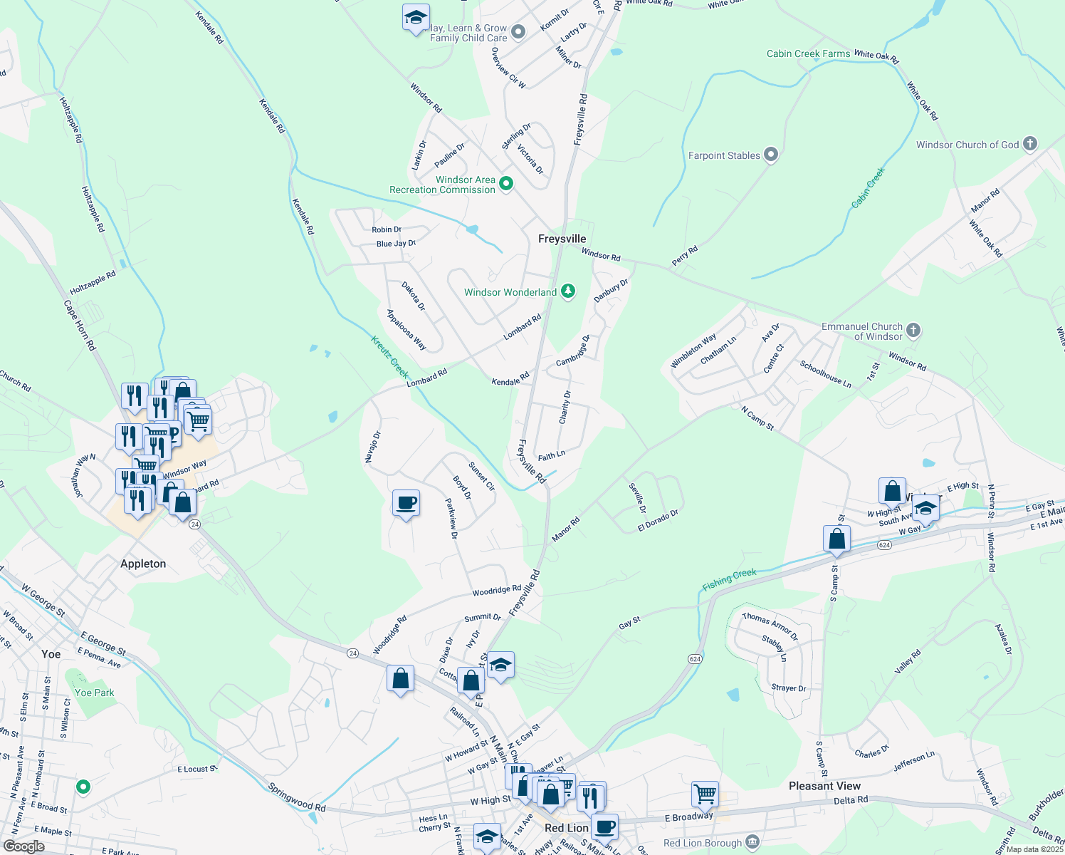 map of restaurants, bars, coffee shops, grocery stores, and more near 3005 Faith Ln in Red Lion