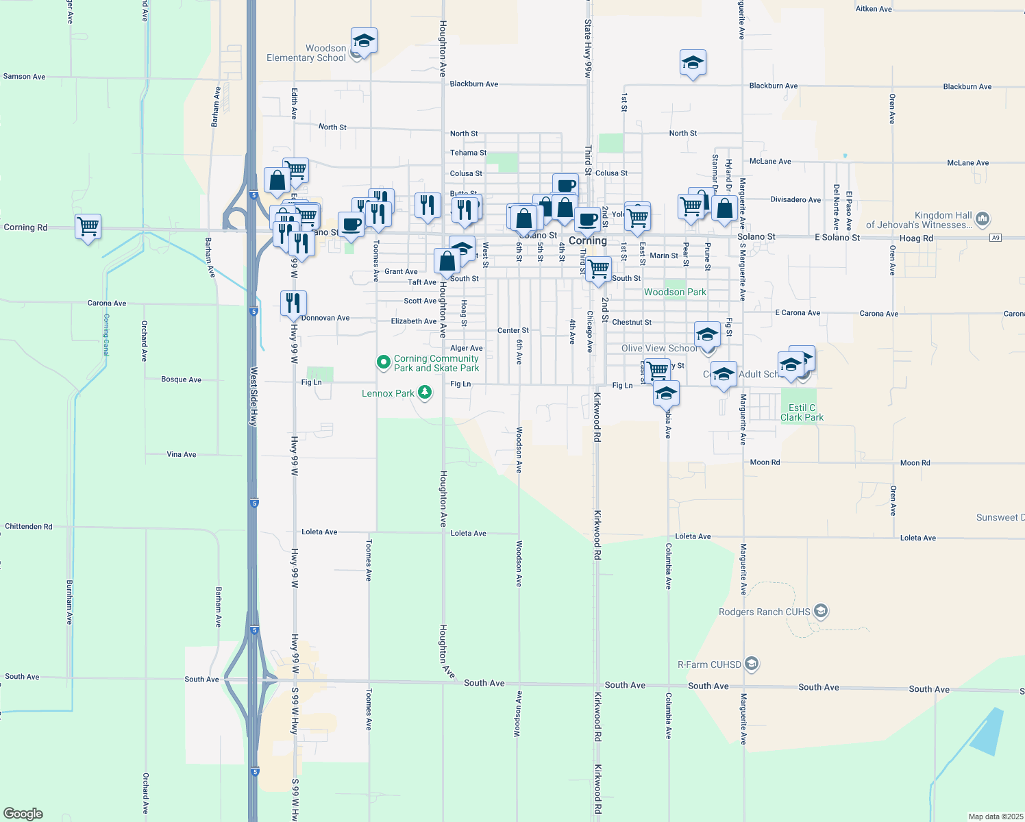 map of restaurants, bars, coffee shops, grocery stores, and more near 1774 6th Avenue in Corning
