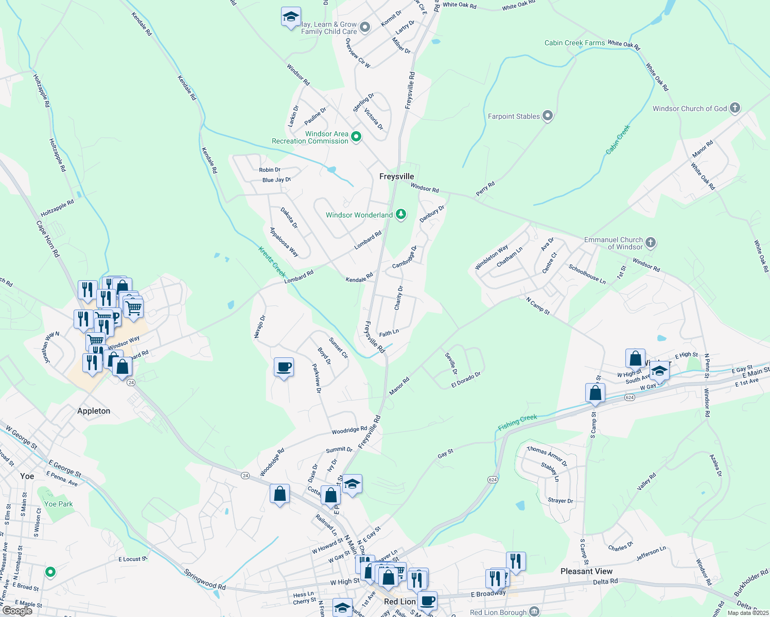 map of restaurants, bars, coffee shops, grocery stores, and more near 3004 Faith Lane in Red Lion