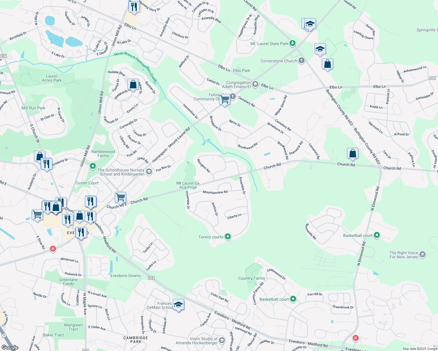 map of restaurants, bars, coffee shops, grocery stores, and more near 3 Abington Road in Mount Laurel