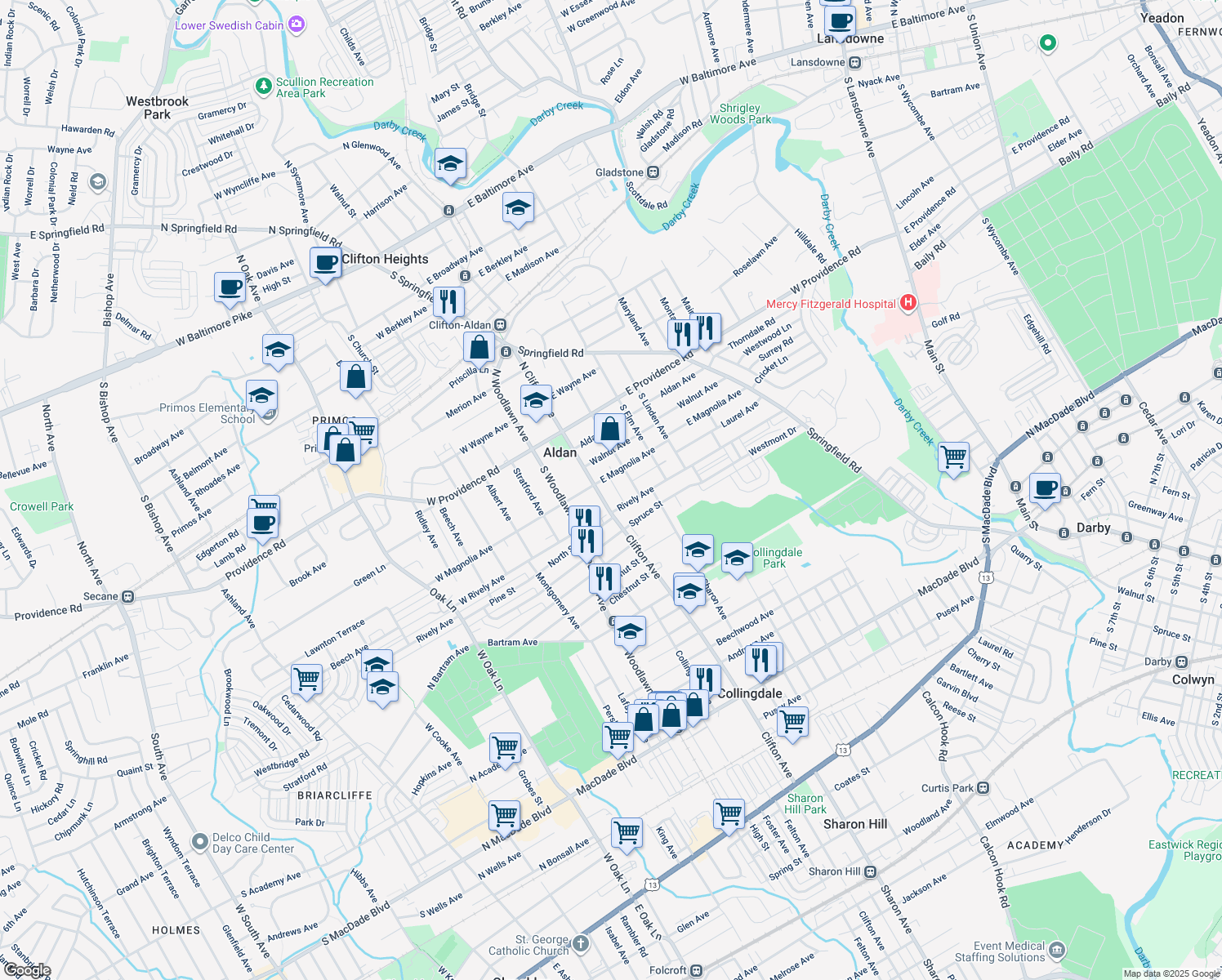 map of restaurants, bars, coffee shops, grocery stores, and more near 115 South Clifton Avenue in Aldan