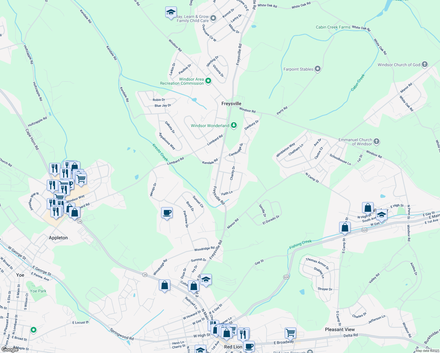 map of restaurants, bars, coffee shops, grocery stores, and more near 2925 Freysville Road in Red Lion