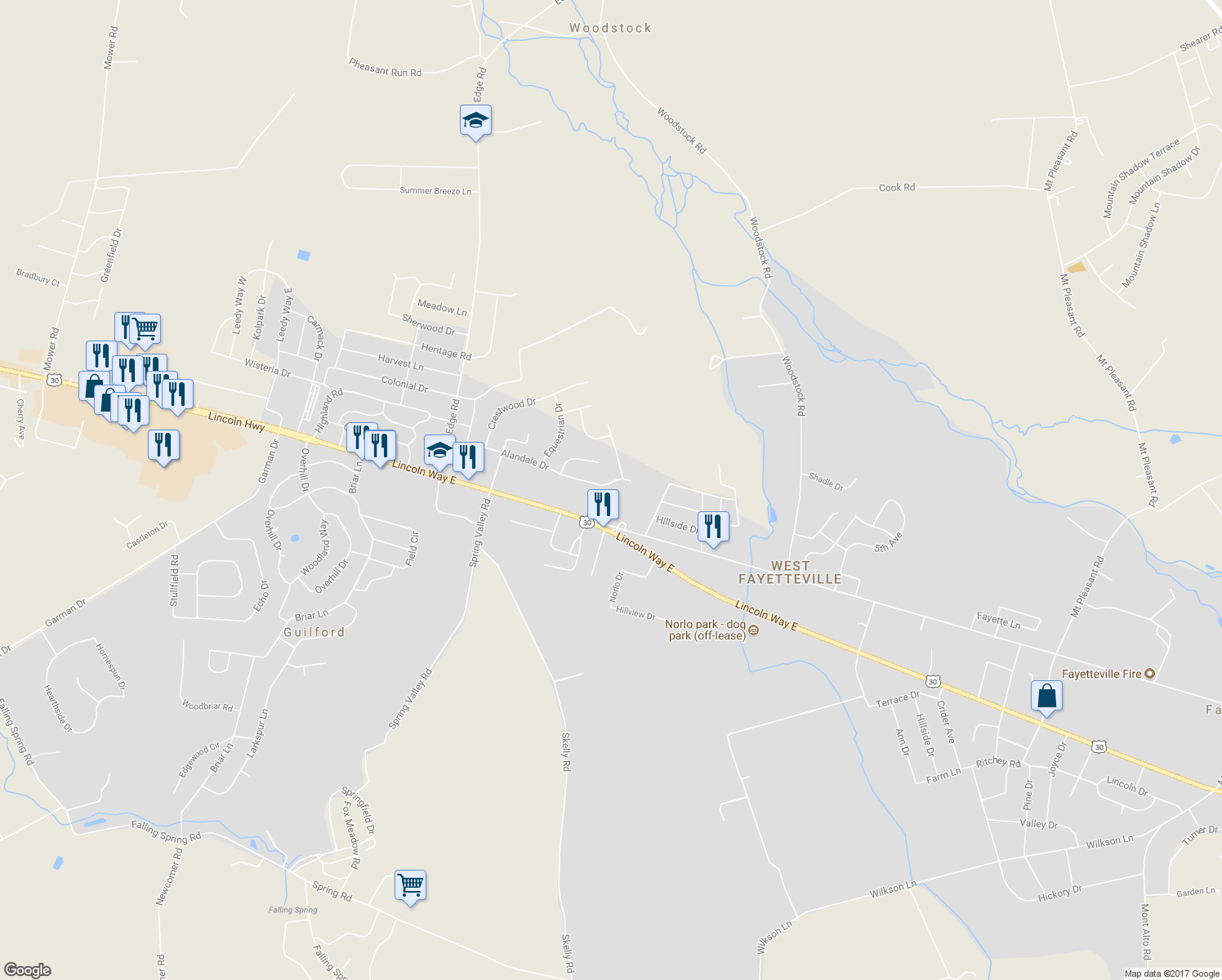 map of restaurants, bars, coffee shops, grocery stores, and more near 1046 Alandale Drive in Chambersburg