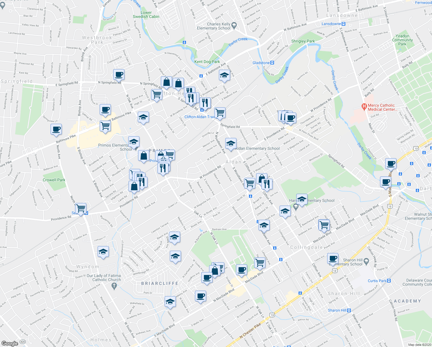 map of restaurants, bars, coffee shops, grocery stores, and more near 15 Albert Avenue in Aldan