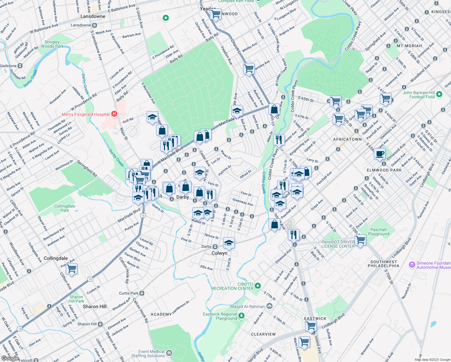 map of restaurants, bars, coffee shops, grocery stores, and more near 213 Glen Cove Road in Darby