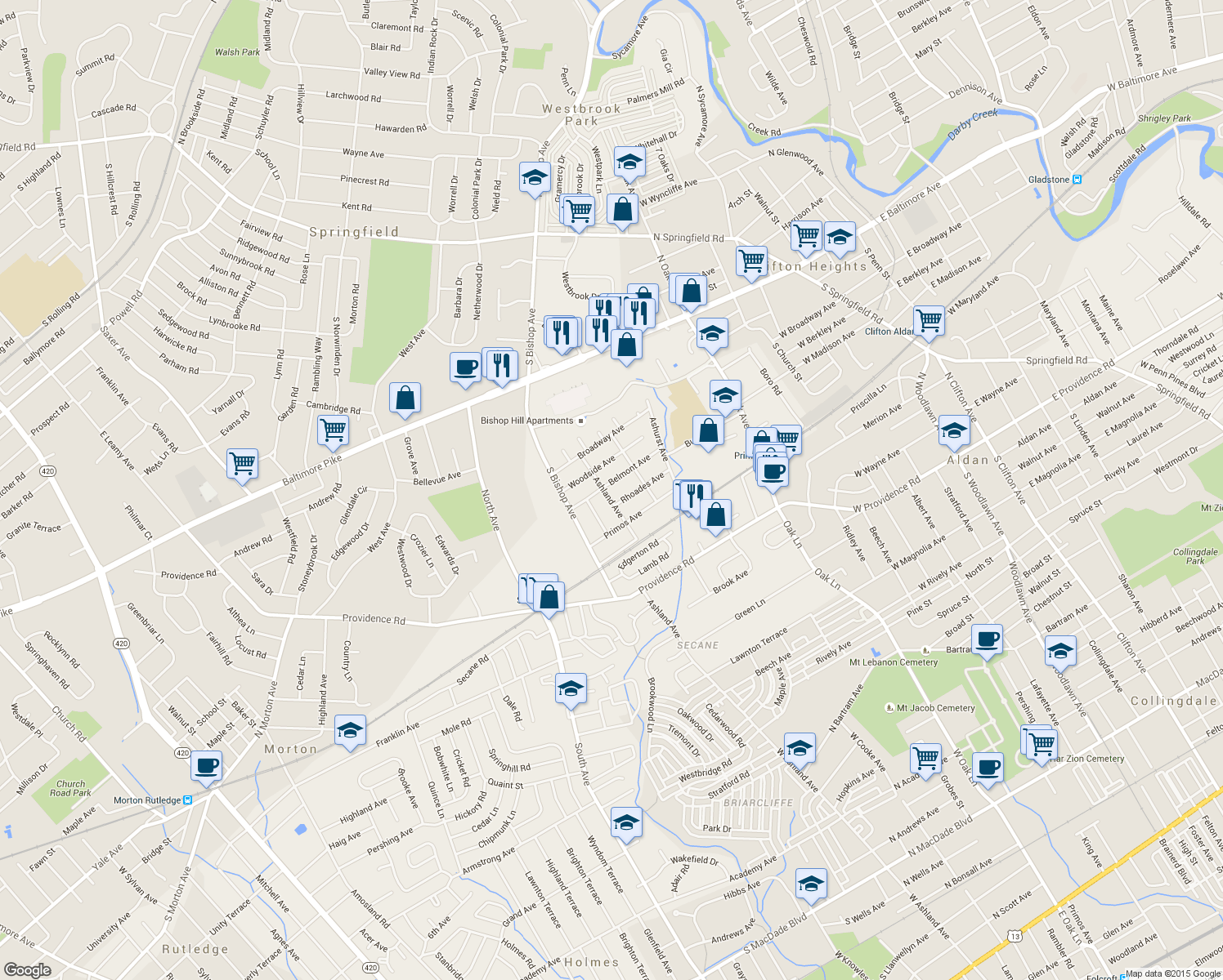 map of restaurants, bars, coffee shops, grocery stores, and more near 303 Ashland Avenue in Secane