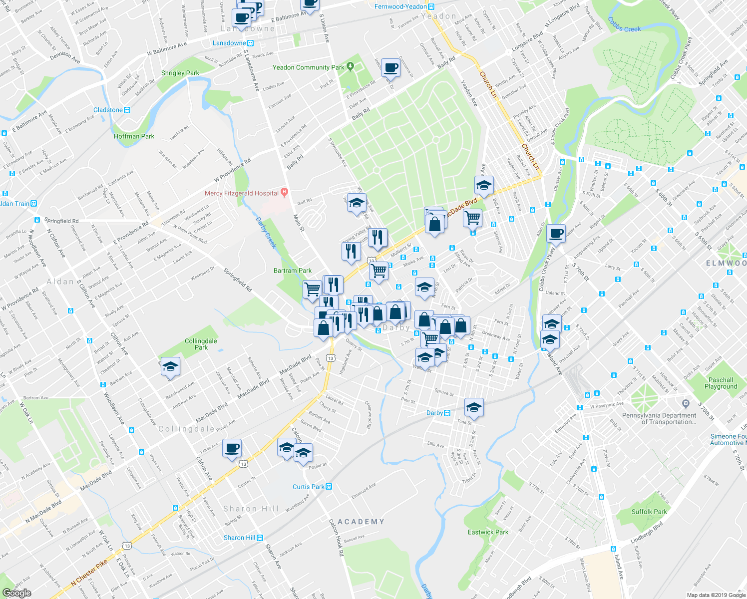 map of restaurants, bars, coffee shops, grocery stores, and more near 910 Ridge Avenue in Darby