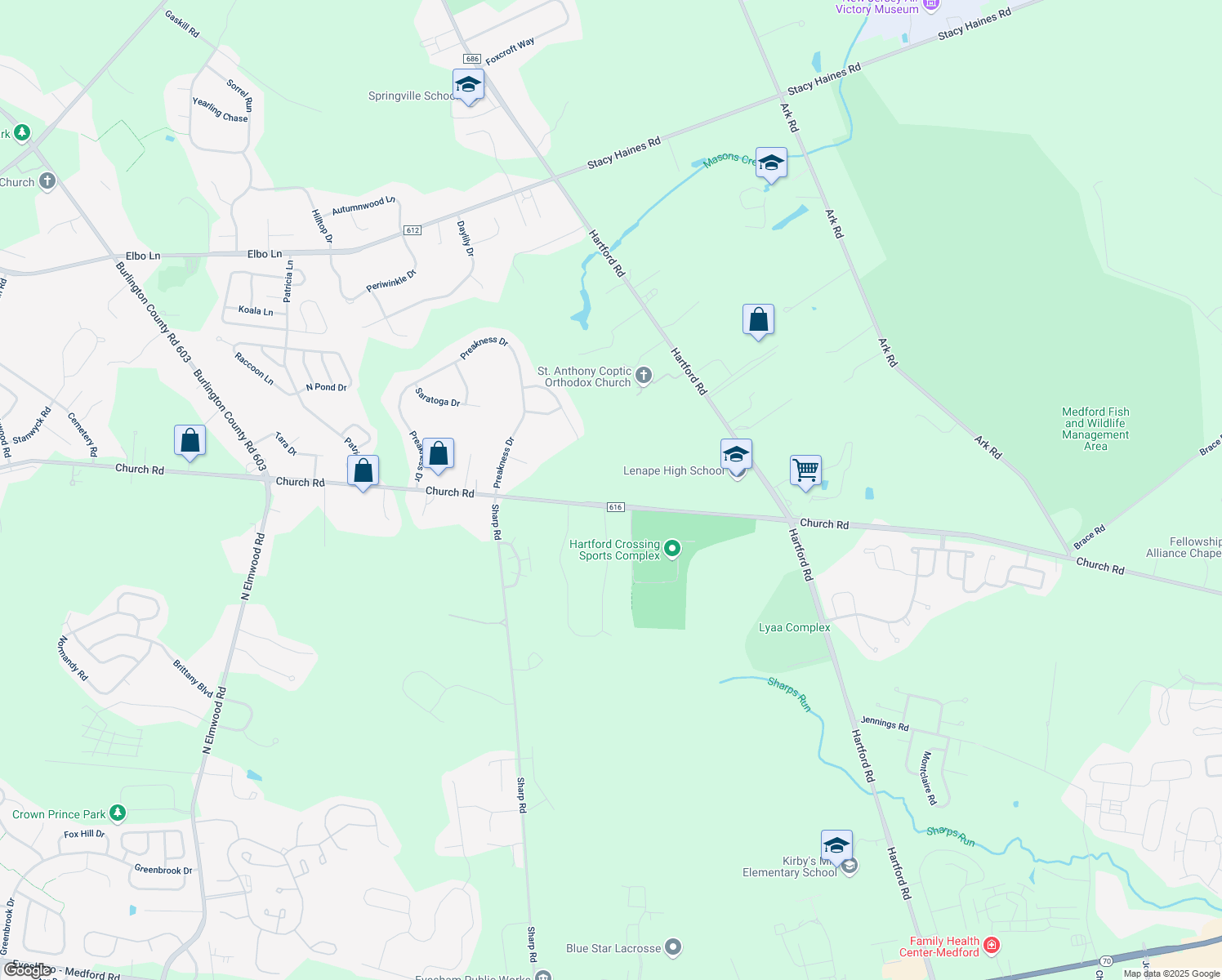 map of restaurants, bars, coffee shops, grocery stores, and more near 105 Church Road in Medford