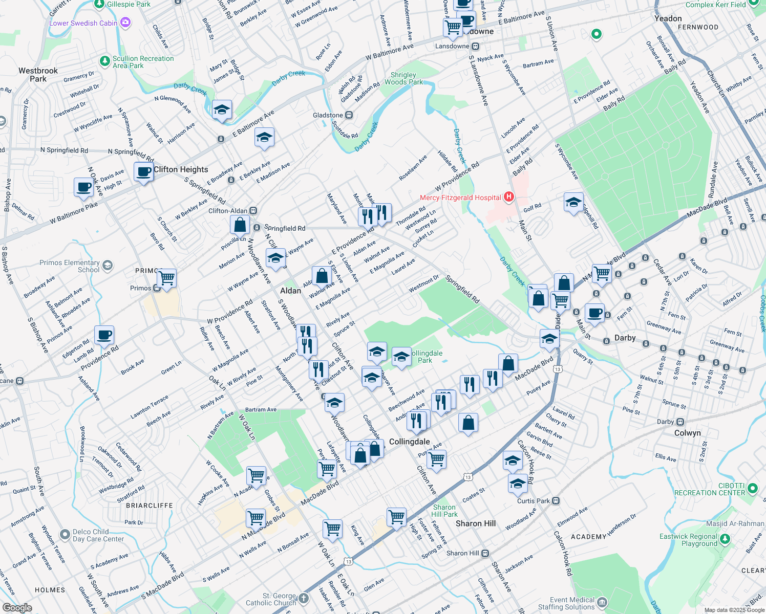 map of restaurants, bars, coffee shops, grocery stores, and more near 320 Westmont Dr in Collingdale