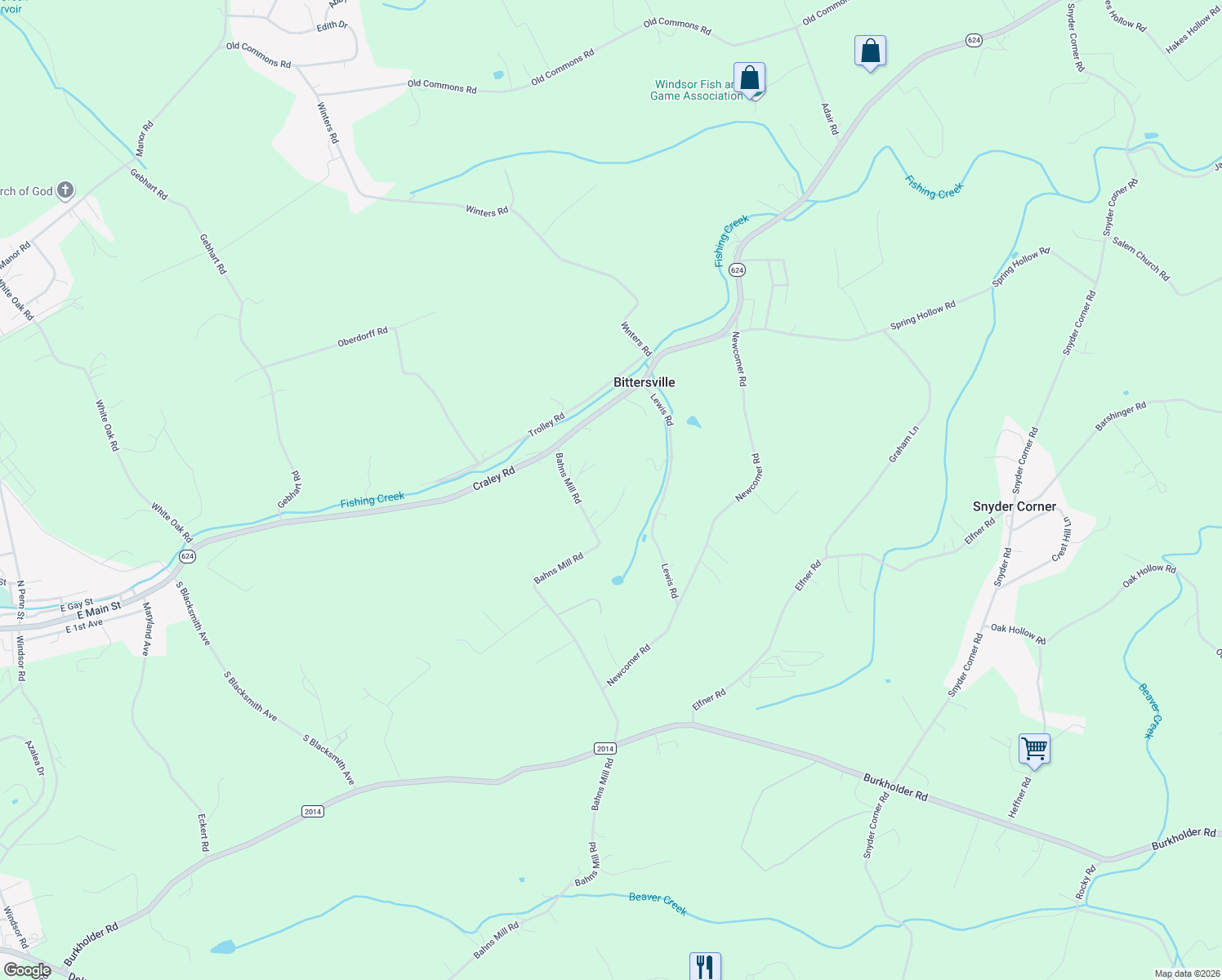 map of restaurants, bars, coffee shops, grocery stores, and more near 1685 Bahns Mill Road in Windsor