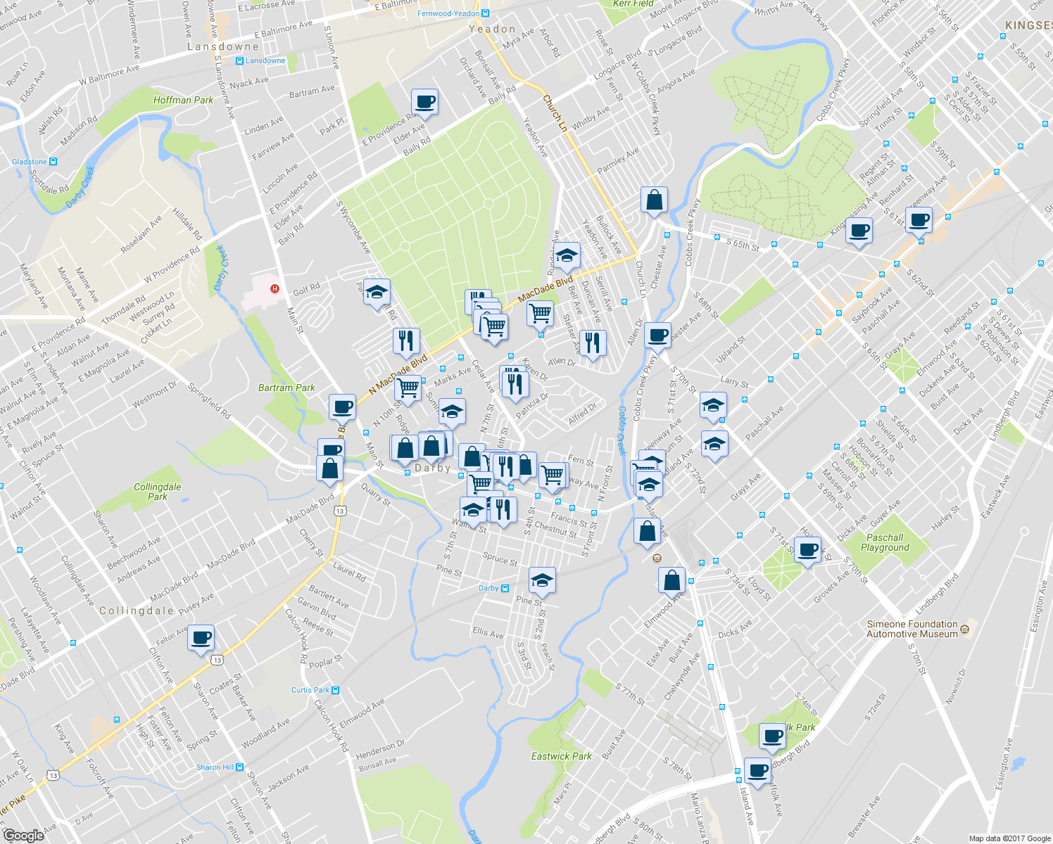 map of restaurants, bars, coffee shops, grocery stores, and more near 413 Coventry Avenue in Darby