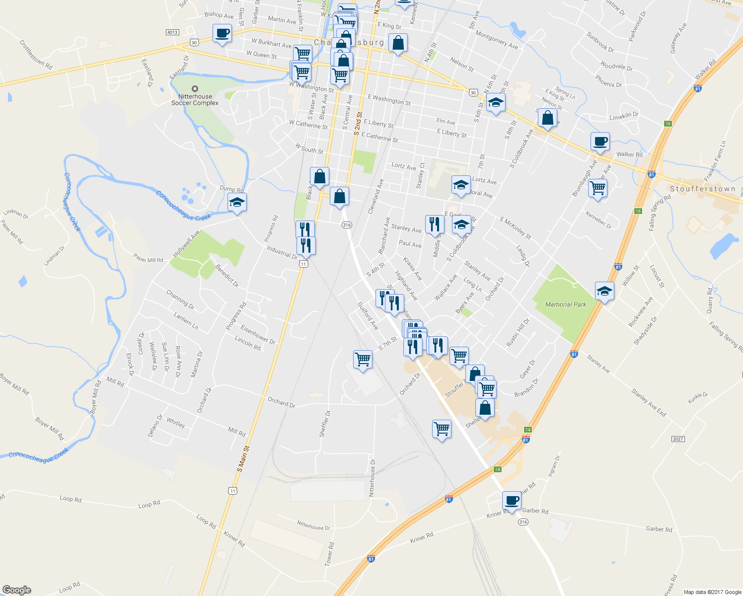 map of restaurants, bars, coffee shops, grocery stores, and more near 472 Wayne Avenue in Chambersburg