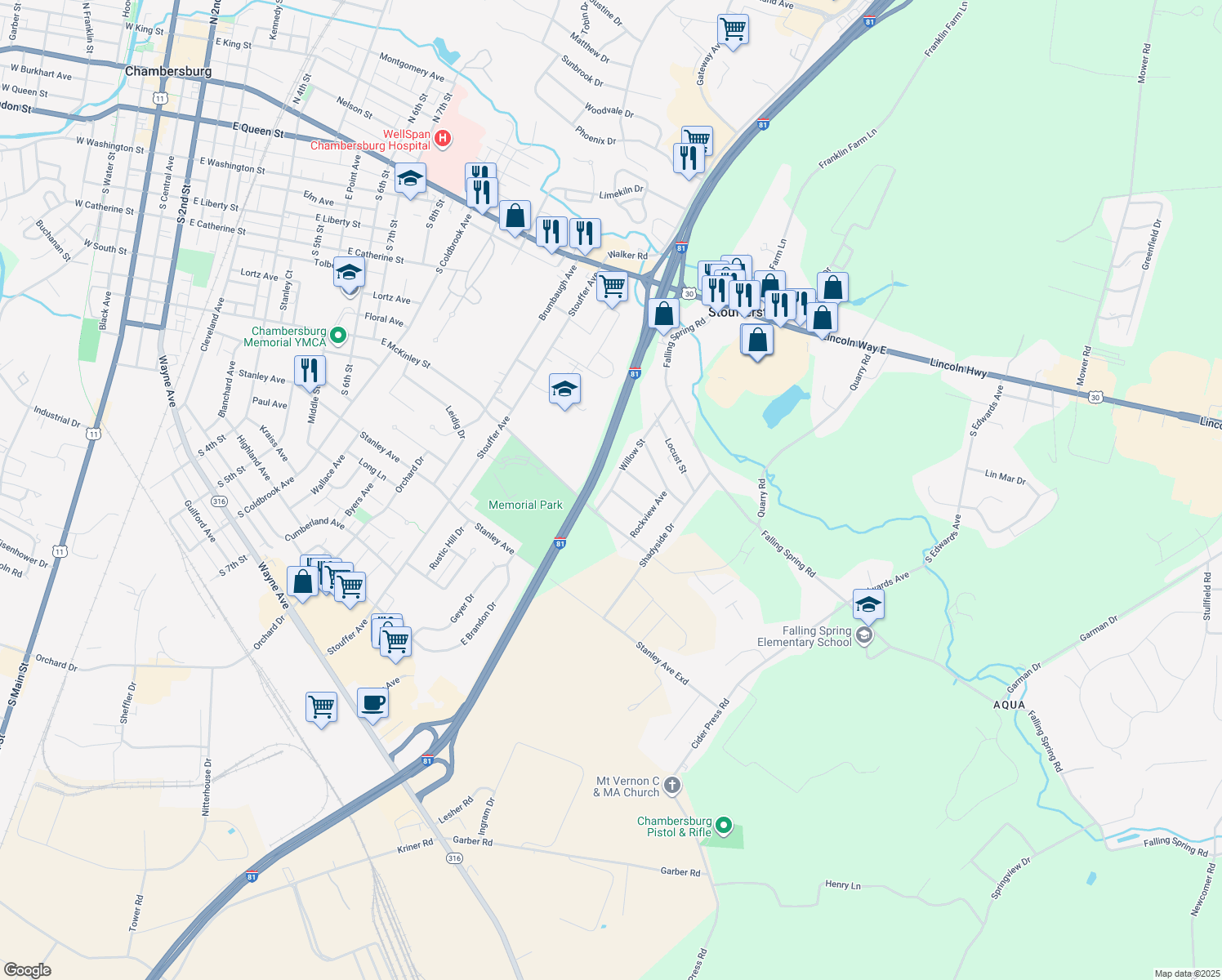 map of restaurants, bars, coffee shops, grocery stores, and more near 641 Willow Street in Chambersburg