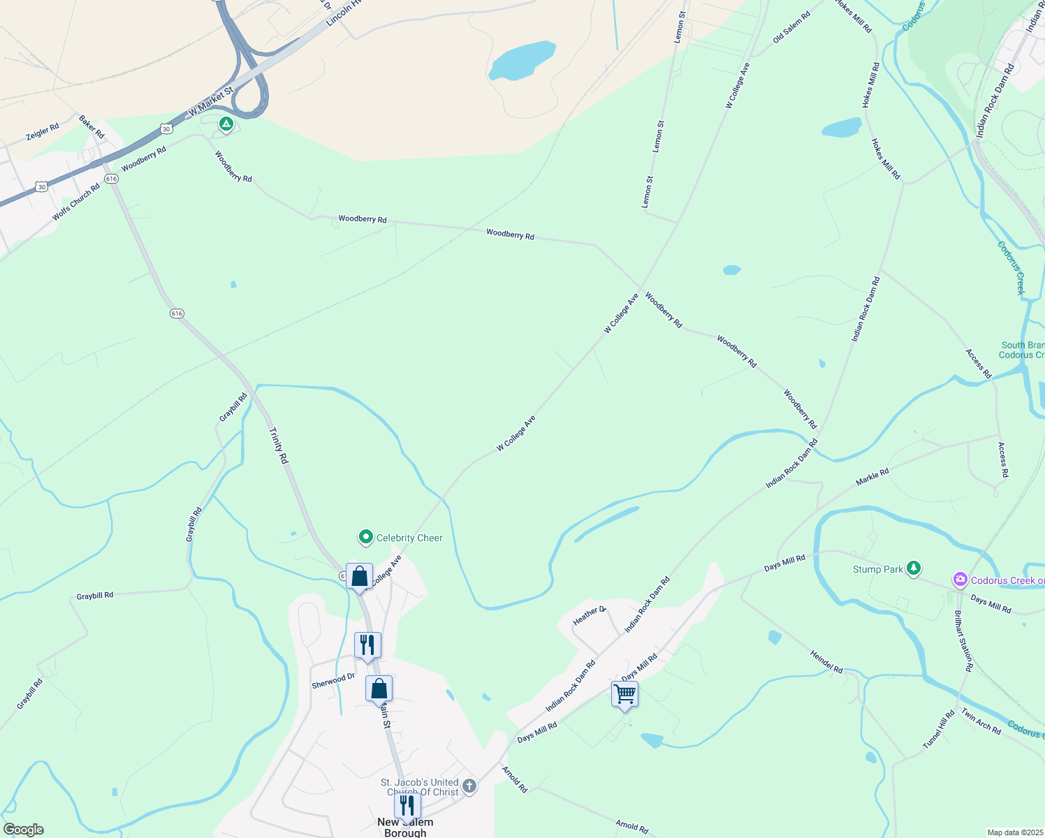 map of restaurants, bars, coffee shops, grocery stores, and more near 3090 West College Avenue in York