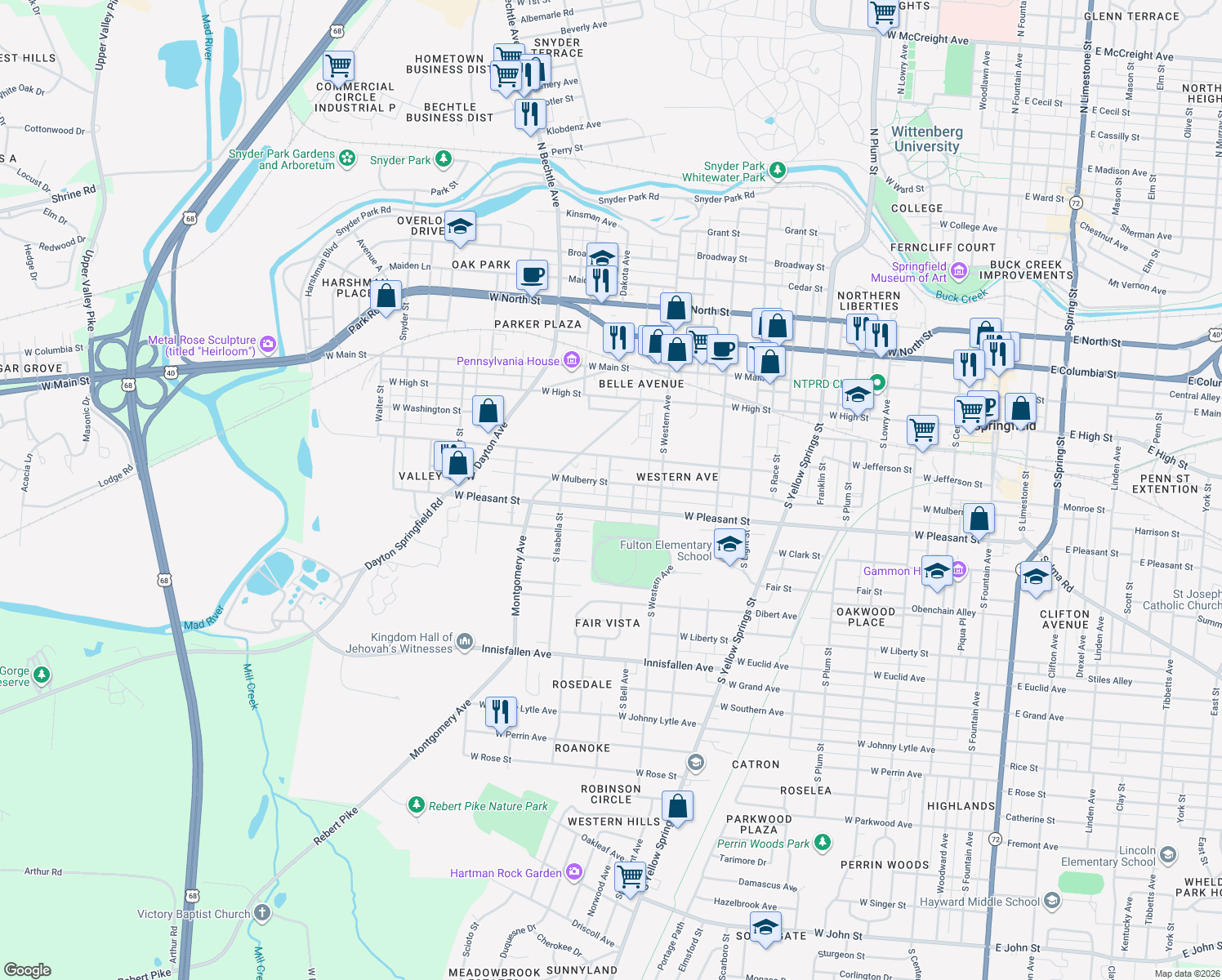 map of restaurants, bars, coffee shops, grocery stores, and more near 1127 W Mulberry St in Springfield