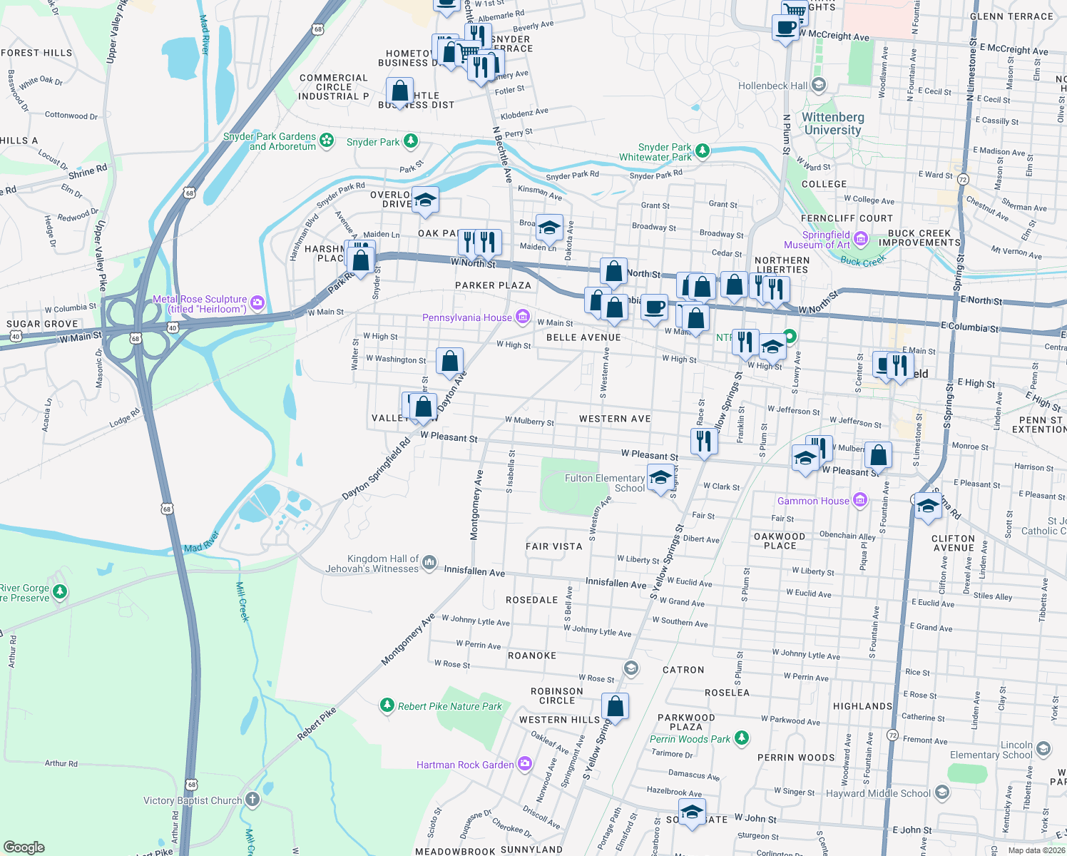 map of restaurants, bars, coffee shops, grocery stores, and more near 1227 W Mulberry St in Springfield