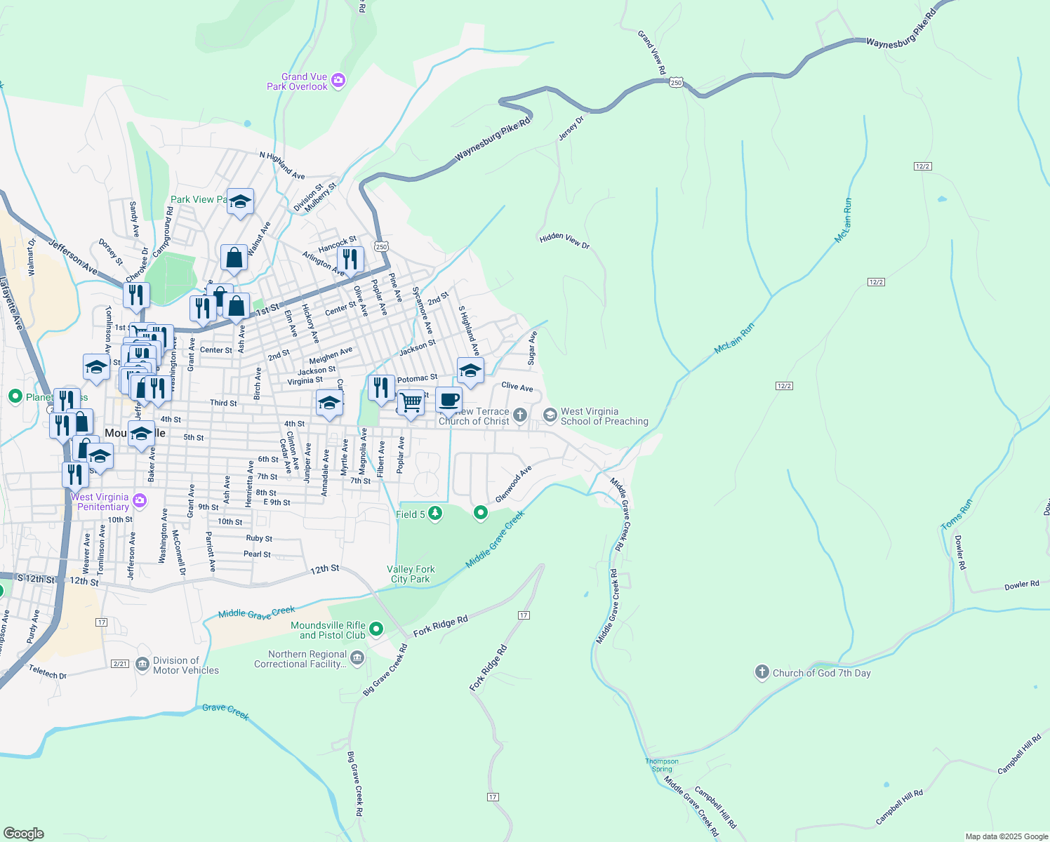 map of restaurants, bars, coffee shops, grocery stores, and more near 55 Dwight Avenue in Moundsville