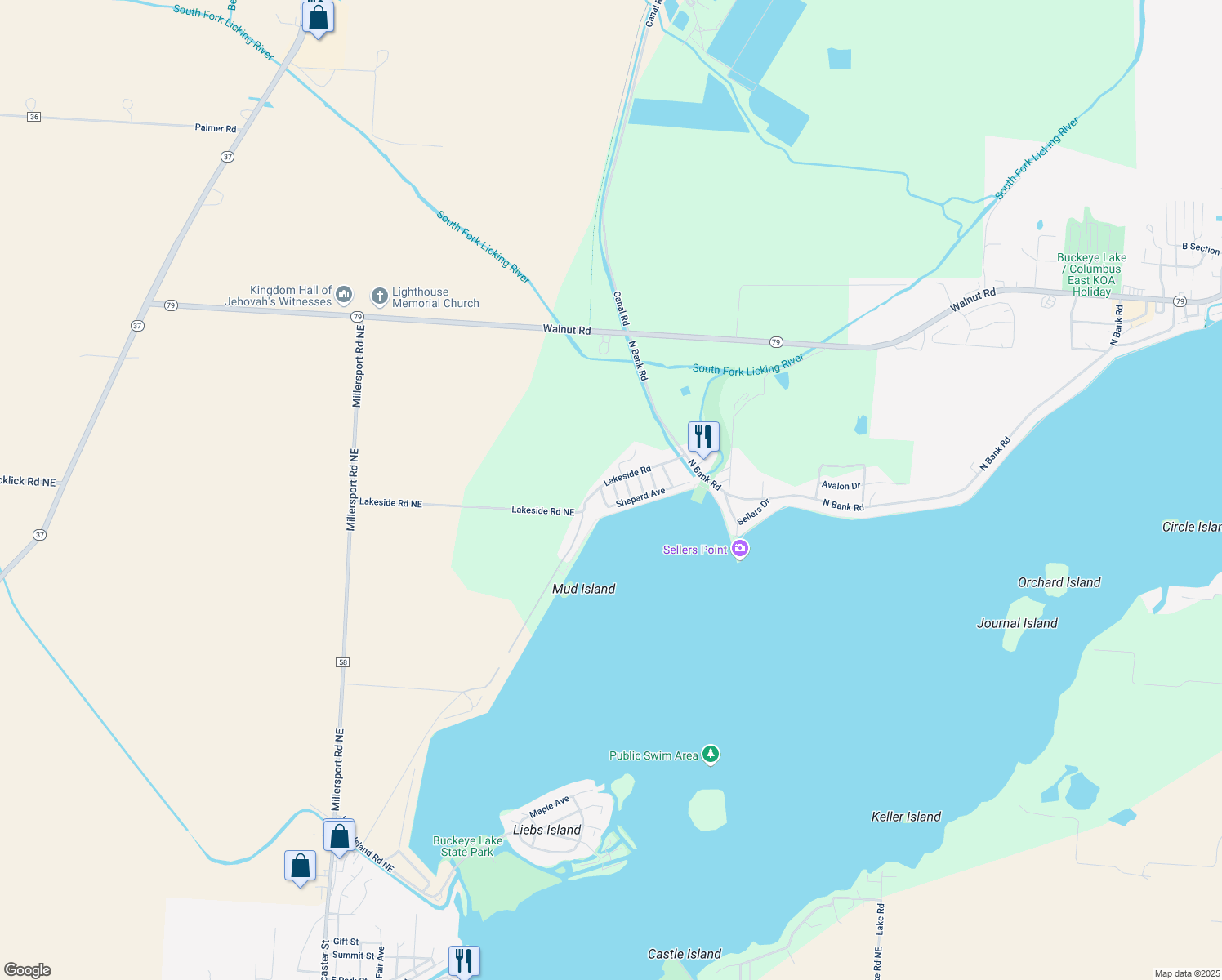 map of restaurants, bars, coffee shops, grocery stores, and more near 13565 McLeish Street in Millersport