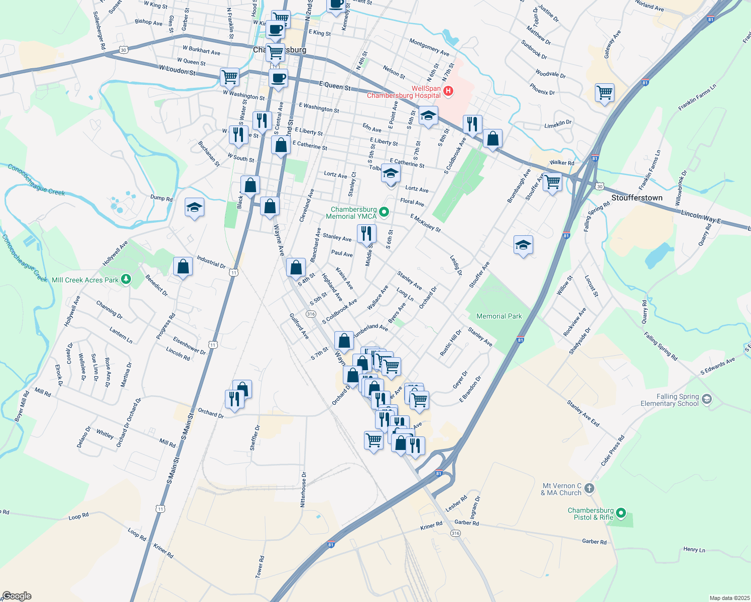 map of restaurants, bars, coffee shops, grocery stores, and more near 1009 Wallace Avenue in Chambersburg