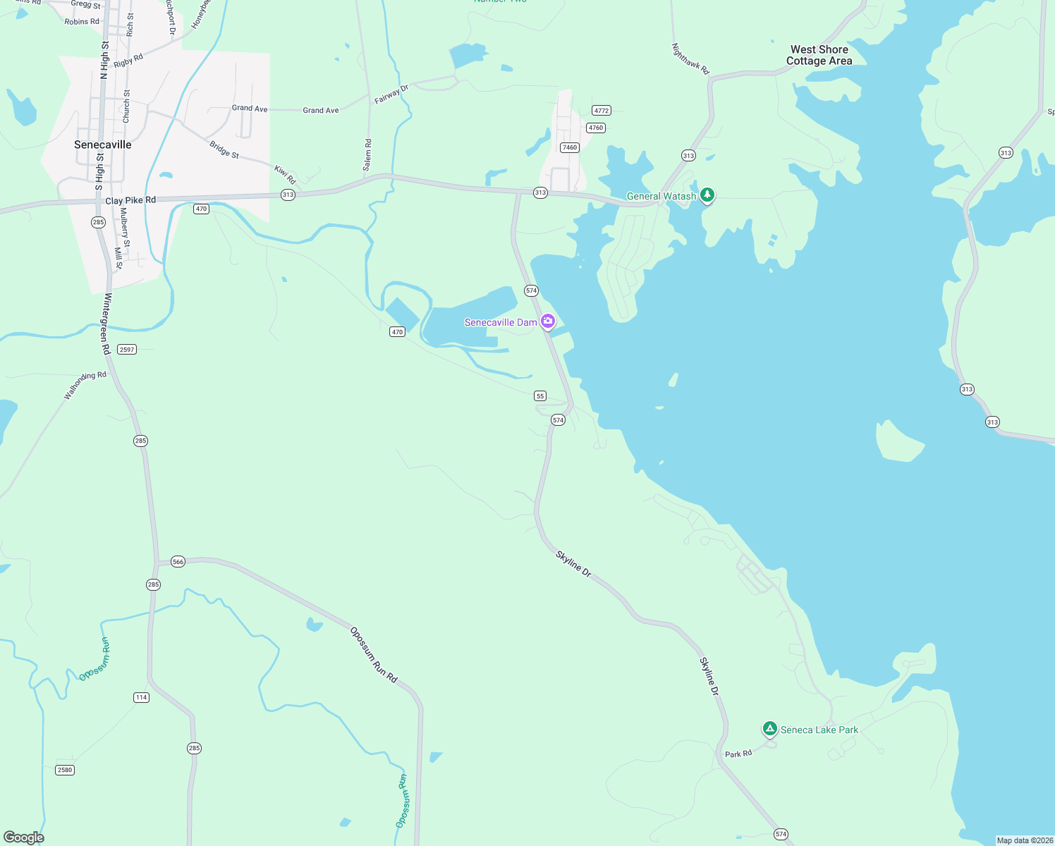 map of restaurants, bars, coffee shops, grocery stores, and more near 56841 Skyline Drive in Senecaville