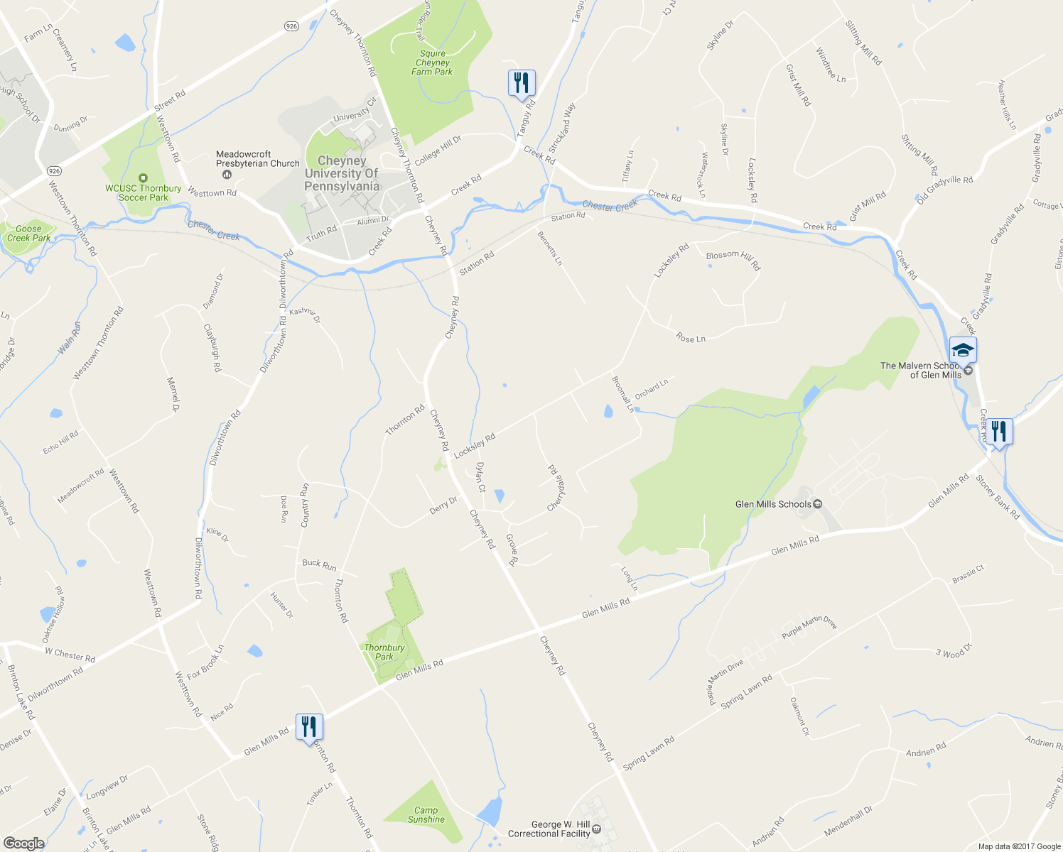 map of restaurants, bars, coffee shops, grocery stores, and more near 50 Cherrydale Road in Glen Mills
