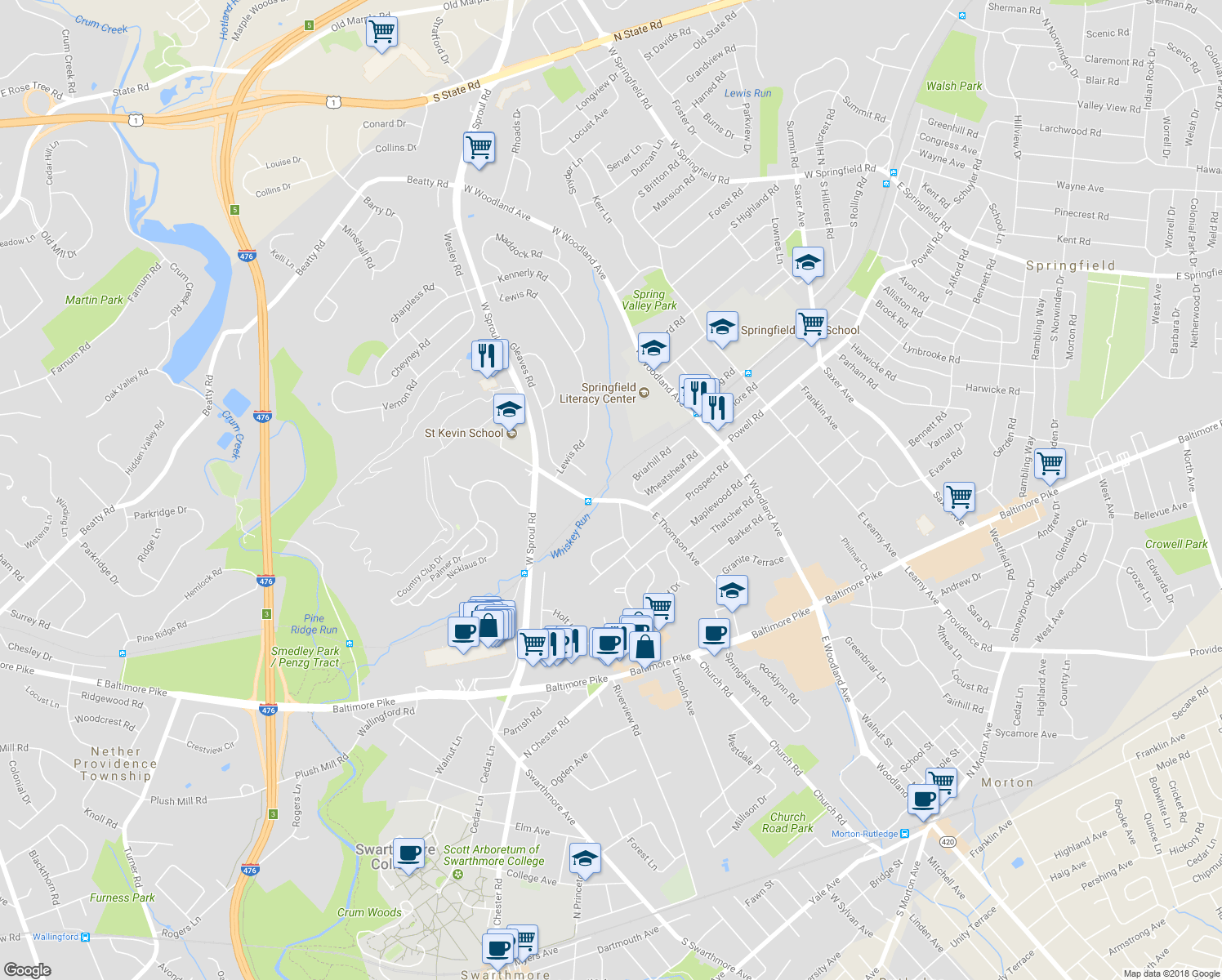 map of restaurants, bars, coffee shops, grocery stores, and more near 11 East Thomson Avenue in Springfield
