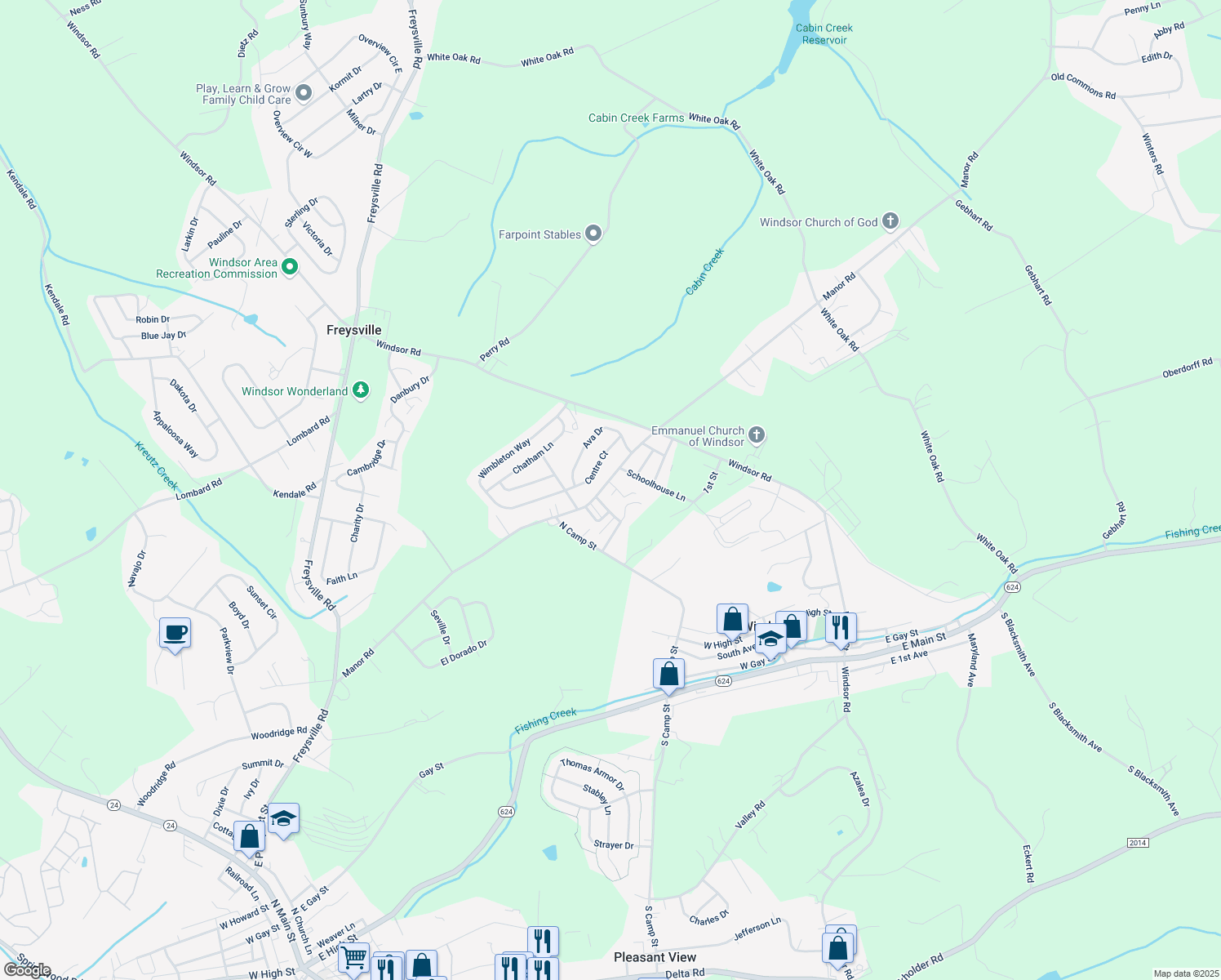 map of restaurants, bars, coffee shops, grocery stores, and more near 510 Manor Road in Windsor