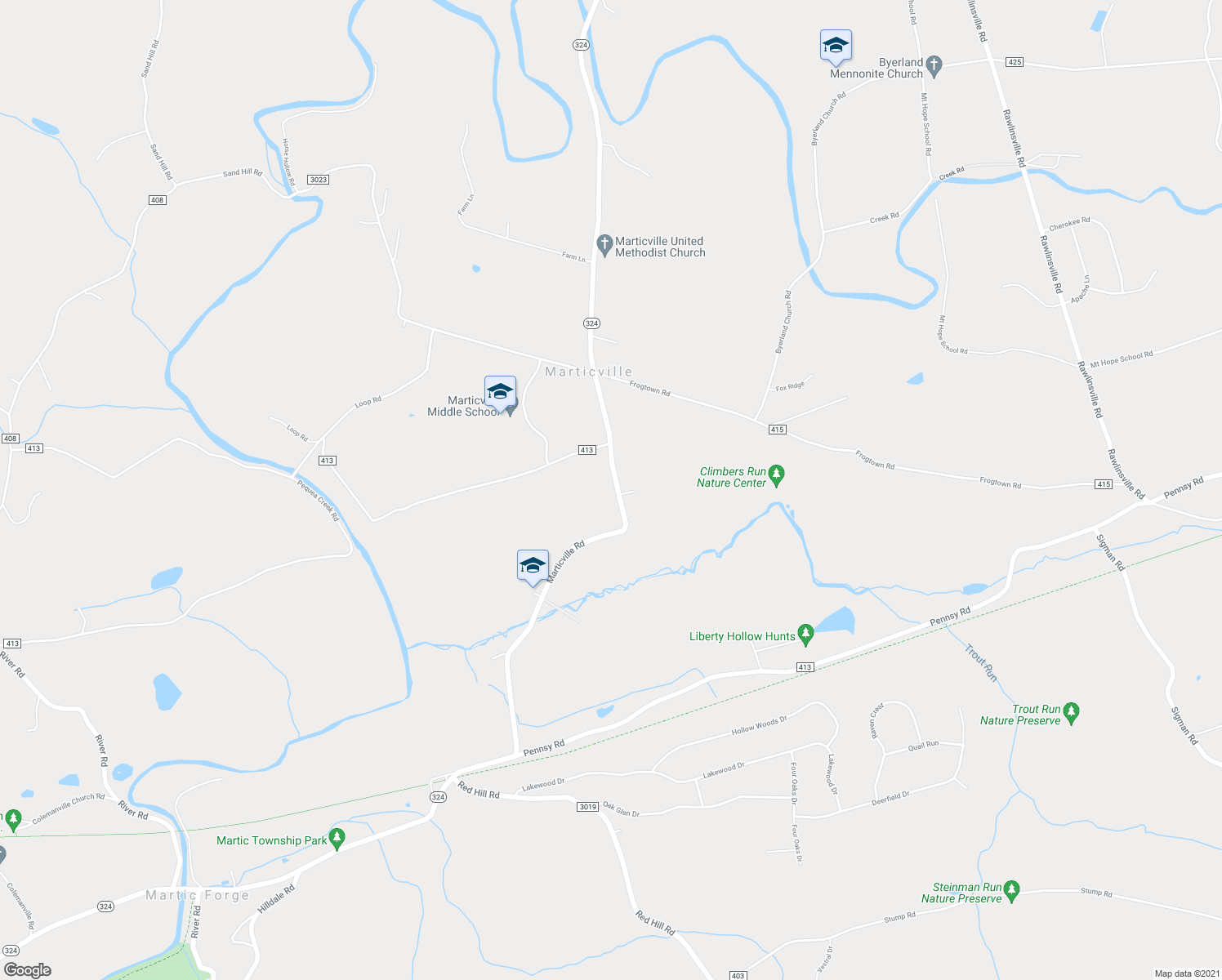 map of restaurants, bars, coffee shops, grocery stores, and more near 768 Marticville Road in Pequea