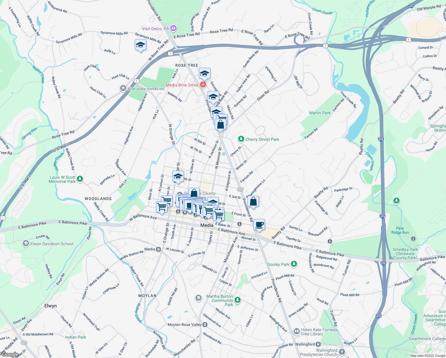 map of restaurants, bars, coffee shops, grocery stores, and more near 128 East 5th Street in Chester
