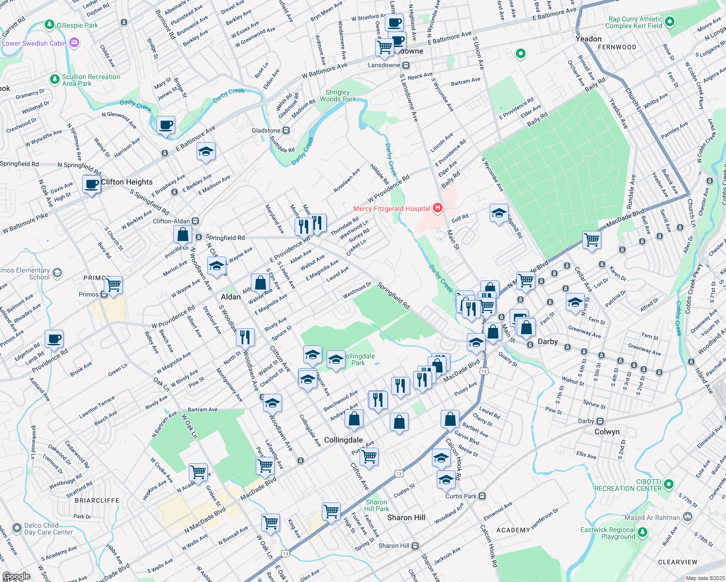 map of restaurants, bars, coffee shops, grocery stores, and more near 462 Westmont Drive in Collingdale