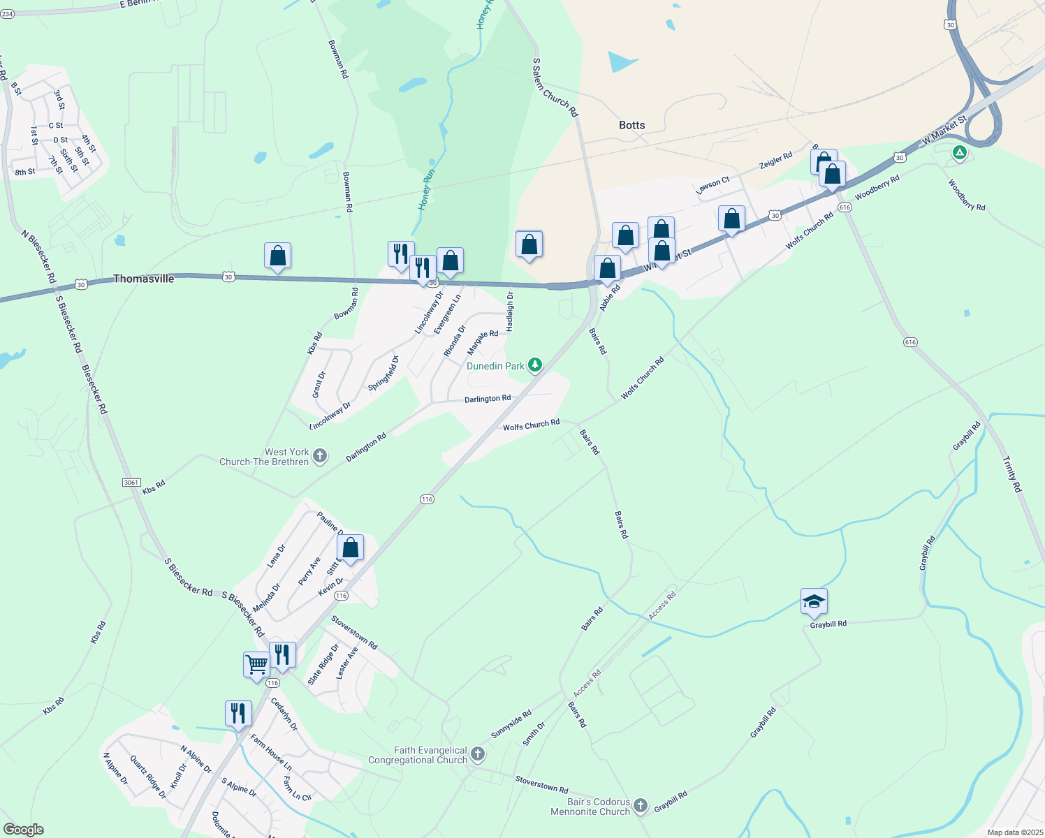 map of restaurants, bars, coffee shops, grocery stores, and more near 4645 Wolfs Church Road in York