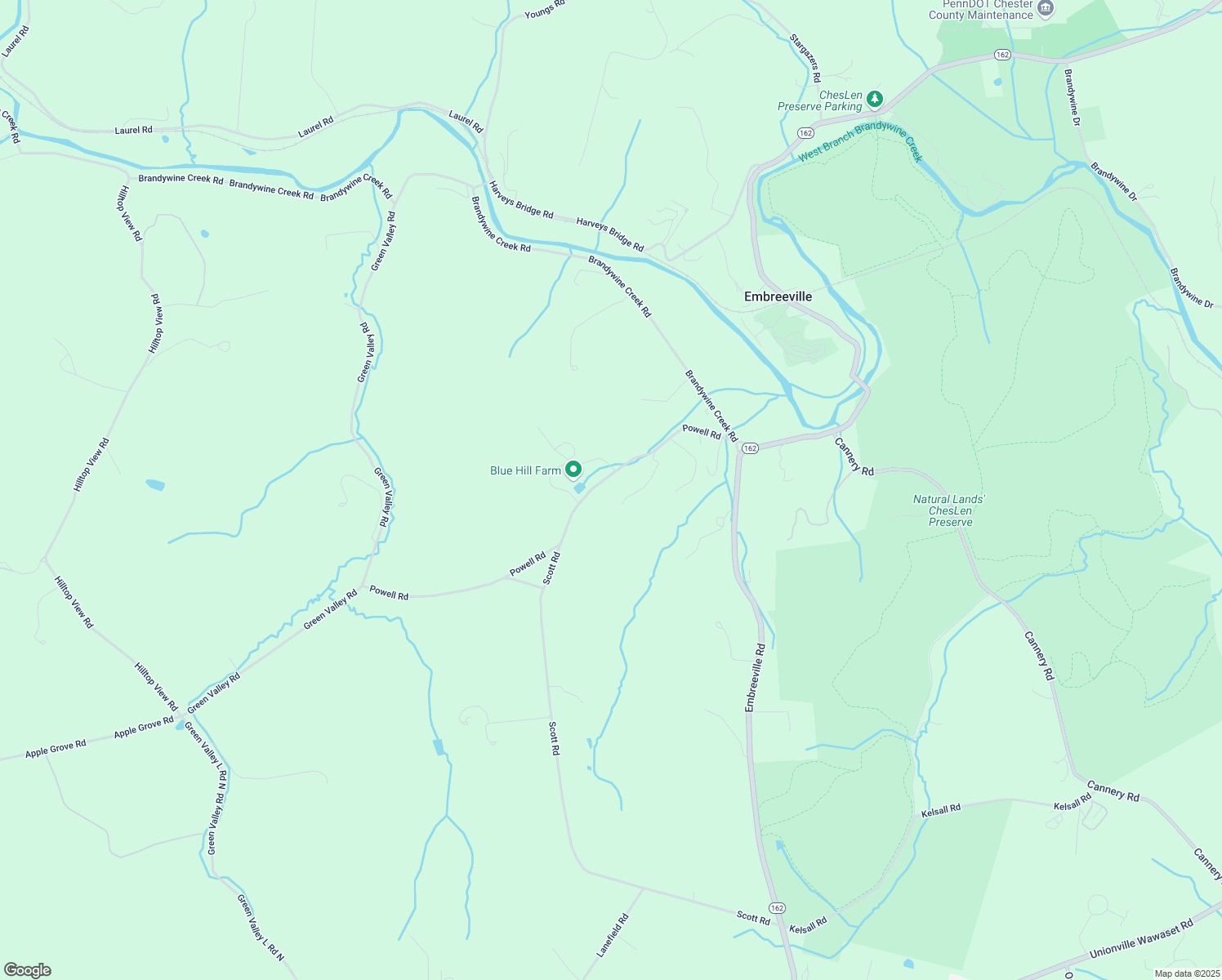 map of restaurants, bars, coffee shops, grocery stores, and more near 1502 Powell Road in Coatesville